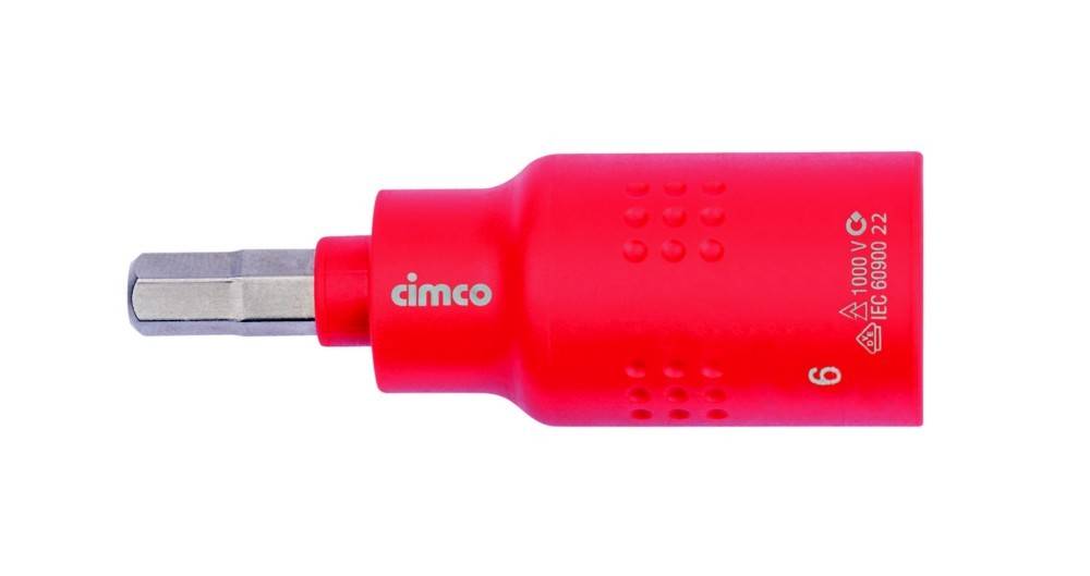 Roter Cimco isolierter Schraubendrehergriff mit sechskantigem Metallschaft, gezeigt auf weißem Hintergrund.