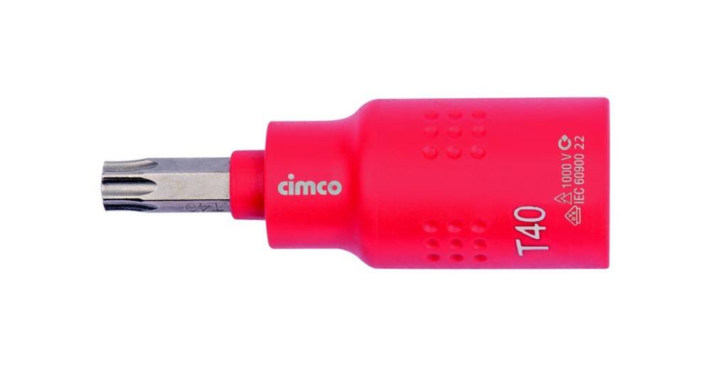 Roter Cimco T40 Drehmoment-Schraubendreher-Bitadapter mit Metallantriebsspitze auf weißem Hintergrund.
