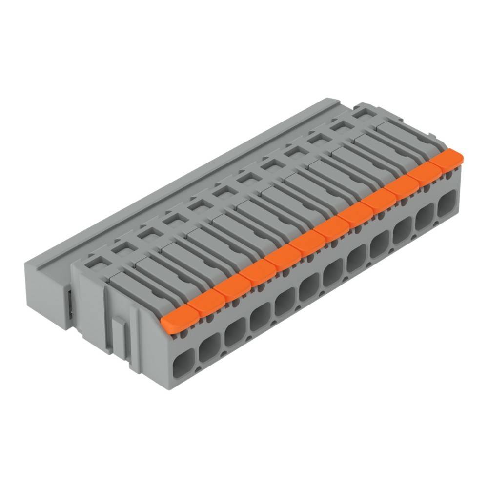 Graues Elektroklemmenblock mit orangefarbenen Hebelklemmen, dargestellt in 3D auf weißem Hintergrund.