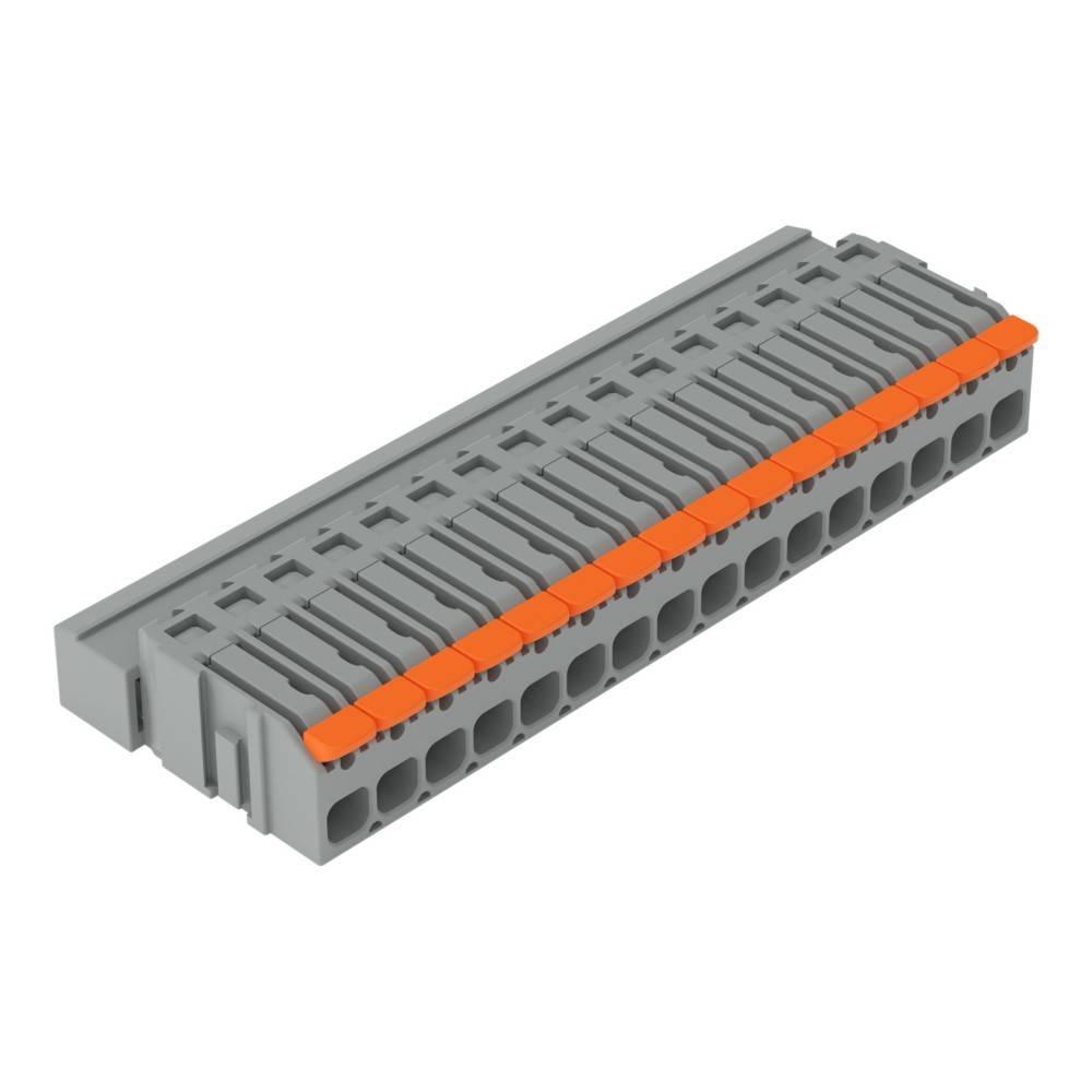 Grauer Elektrik-Klemmblock mit orangefarbenen Lösehebeln, dargestellt in einer abgewinkelten 3D-Ansicht auf weißem Hintergrund.