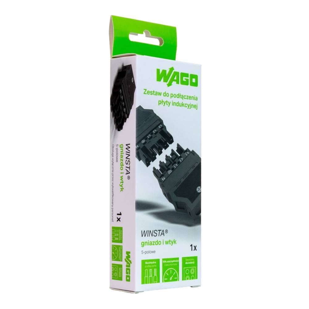 WAGO WINSTA Verpackung für einen einzelnen Induktionskochfeld-Verbindungssatz, mit schwarzen Elektrosteckerteilen und Produktbranding.