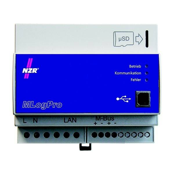 NZR MLogPro Meter-Logger mit USB-Anschluss, SD-Kartensteckplatz, Status-LEDs und LAN-/M-Bus-Verbindungsklemmen.