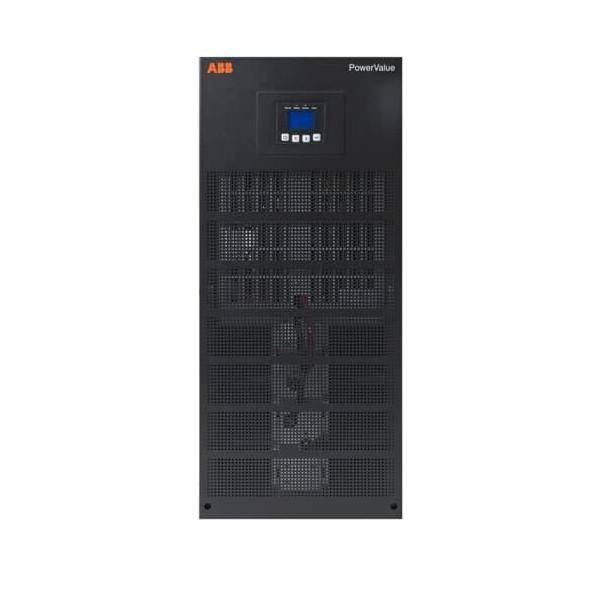 Frontansicht eines schwarzen ABB PowerValue USV-Schranks mit einem kleinen blauen Steuer-Display und perforierten Lüftungsgittern.