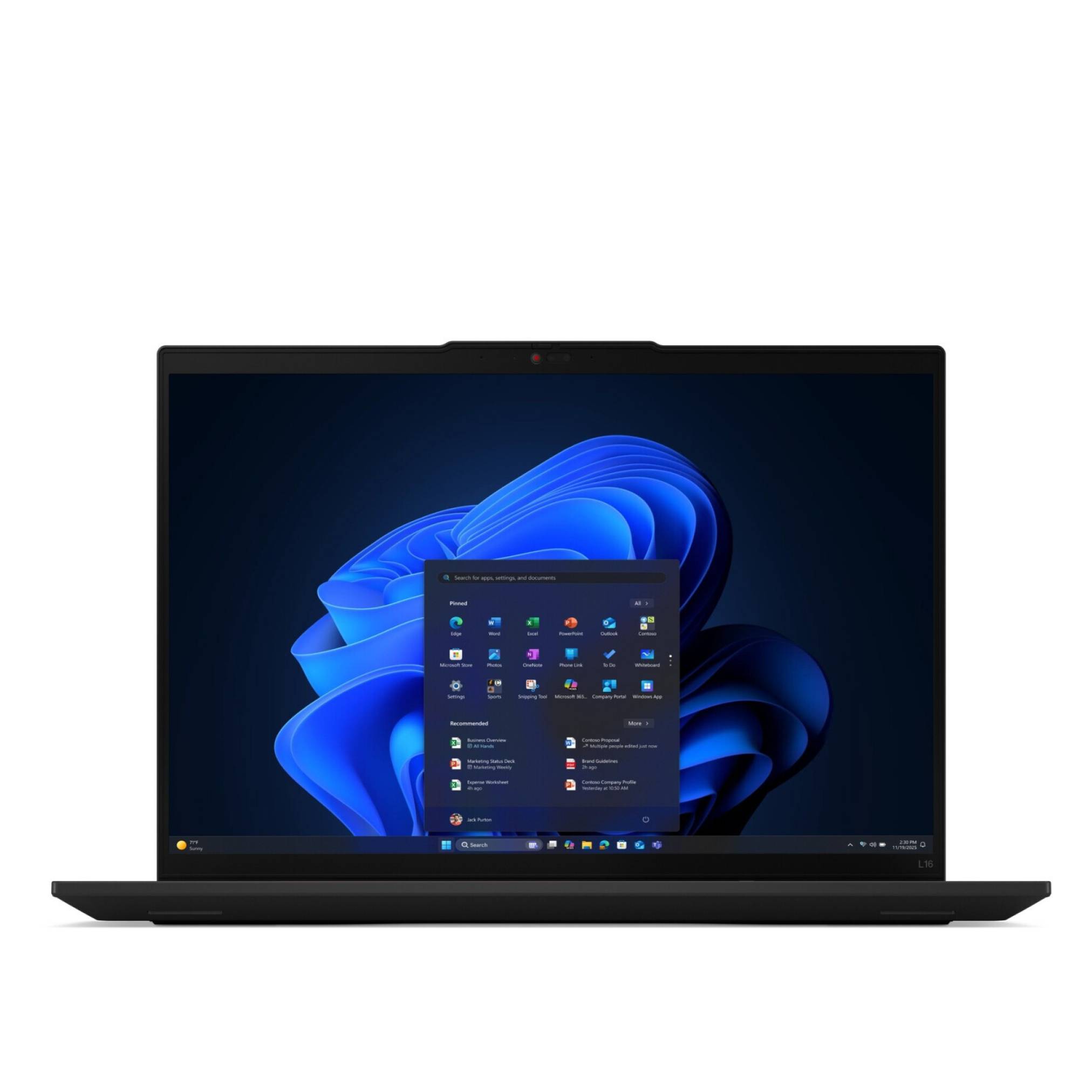 Schwarzer Laptop mit Windows-11-Desktop und geöffnetem Startmenü auf dem Bildschirm.