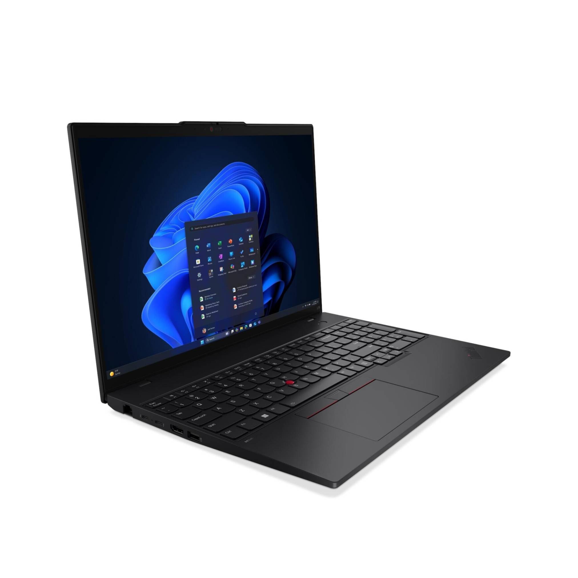 Schwarzer Lenovo-Laptop auf weißem Hintergrund geöffnet, zeigt den Windows-11-Desktop auf seinem Bildschirm.