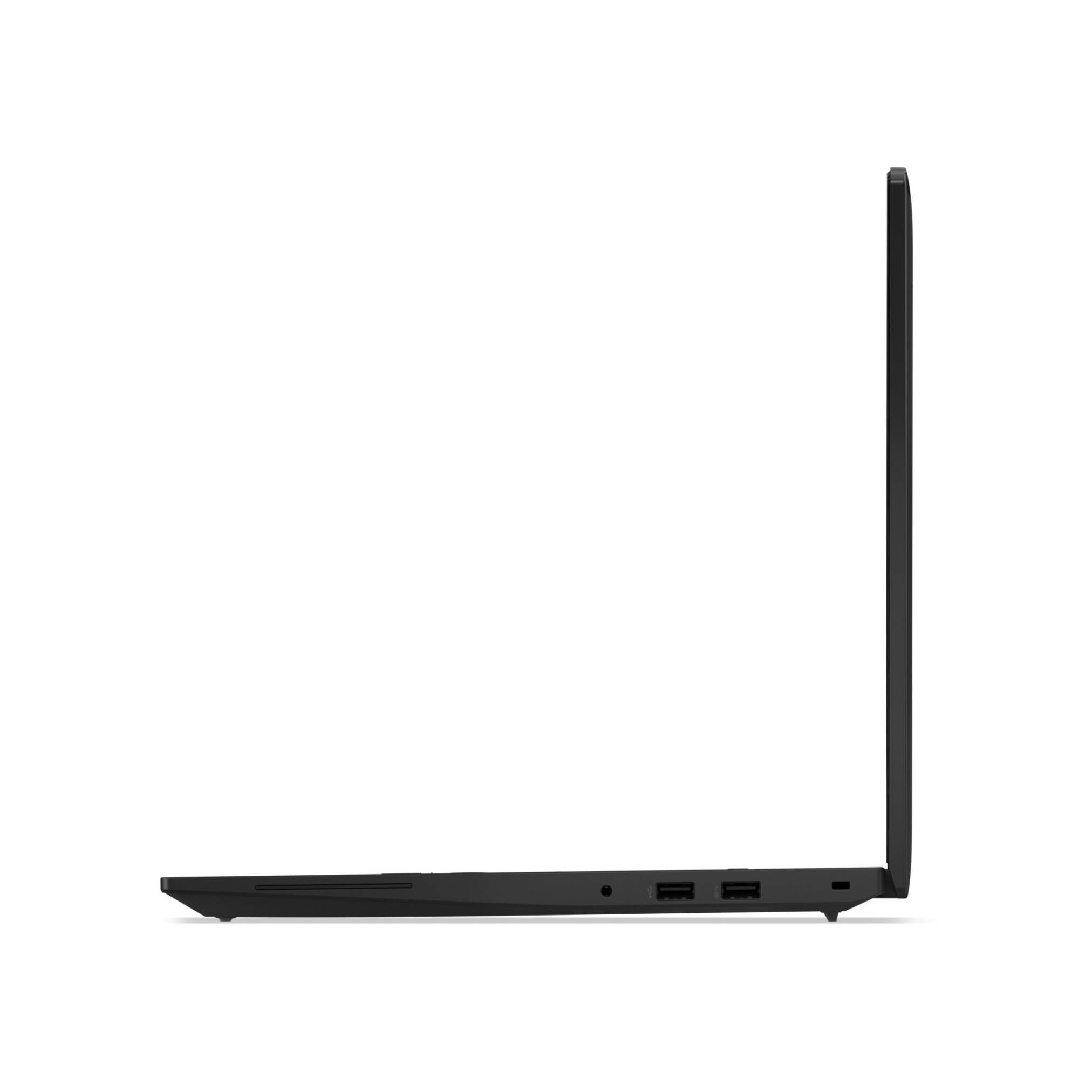 Seitenansicht eines schwarzen Laptops, der auf weißem Hintergrund teilweise geöffnet ist und das dünne Profil sowie die Anschlüsse auf der Unterseite zeigt.