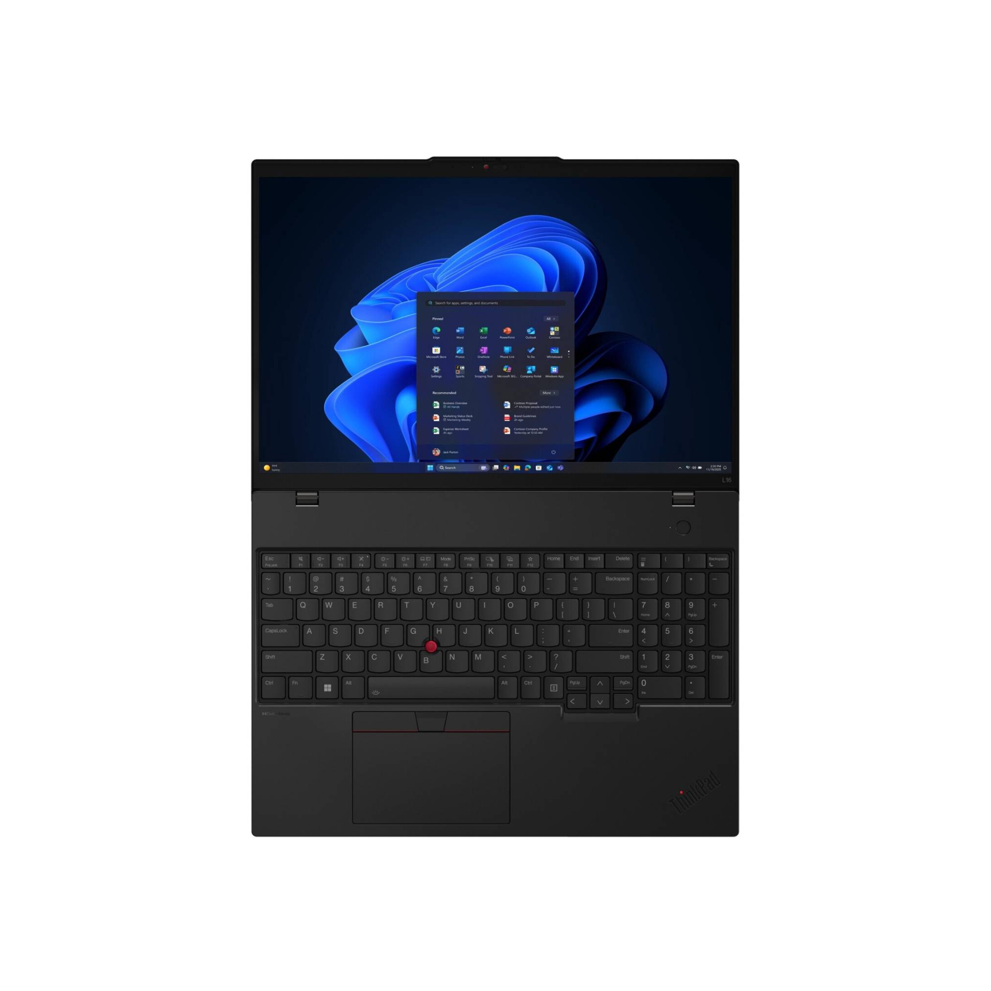 Schwarzer Laptop von oben betrachtet mit Windows 11-Desktop und geöffnetem Startmenü auf dem Bildschirm
