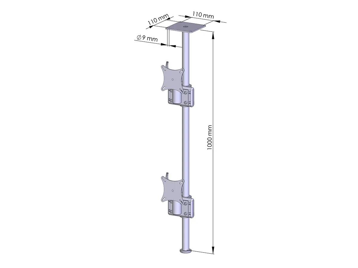 Technische Zeichnung einer Pfosten-Halterung mit zwei verstellbaren TV-/Monitorhalterungen, mit den Abmessungen 1000 mm Höhe, 110 mm breite Oberplatte und 9 mm Loch-Durchmesser.
