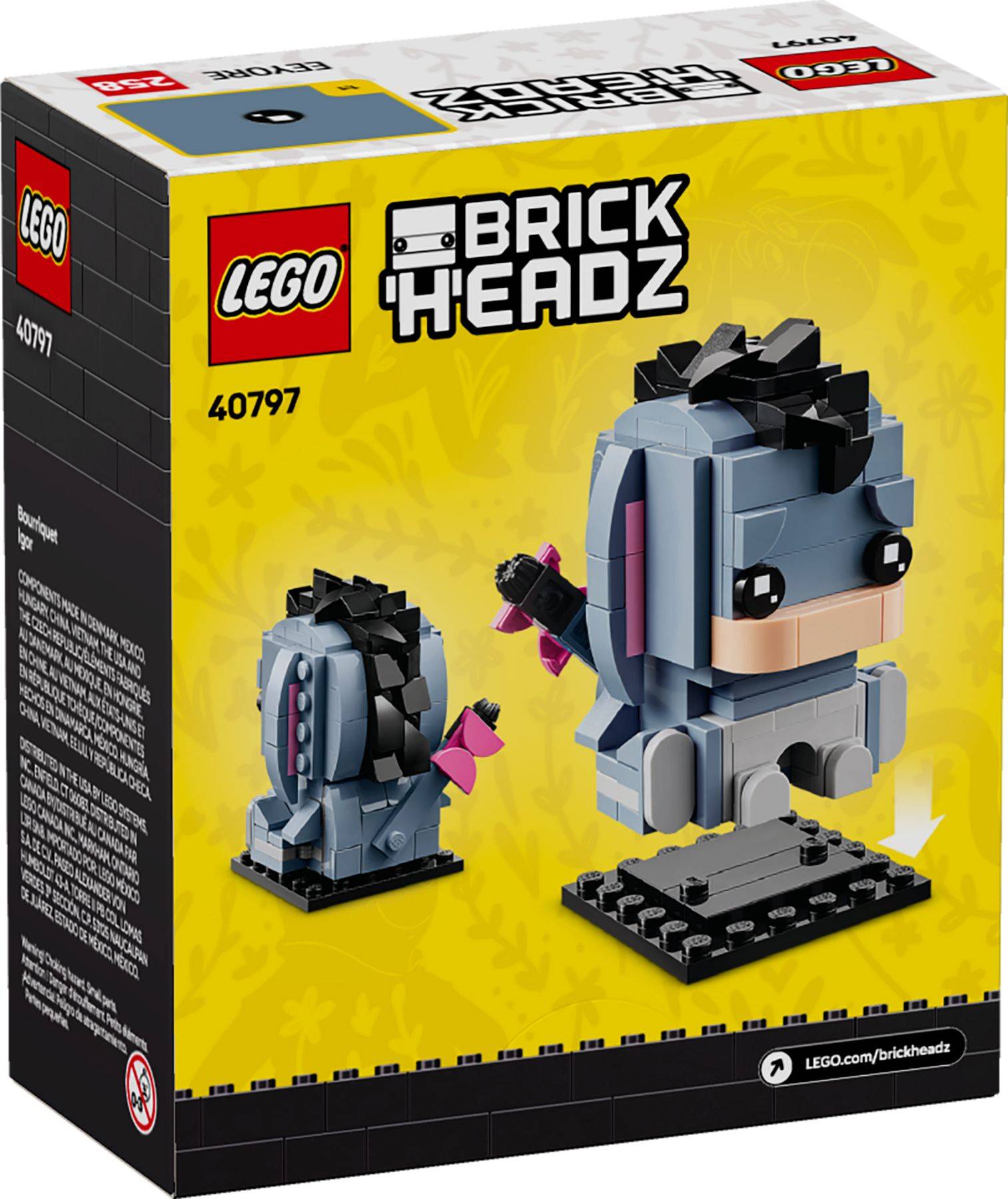 LEGO BrickHeadz 40797 Karton zeigt eine kleine grau-schwarz-rosa Charakterfigur auf einem Ausstellungsständer mit einem kleineren Rückansichtsbild des Modells.