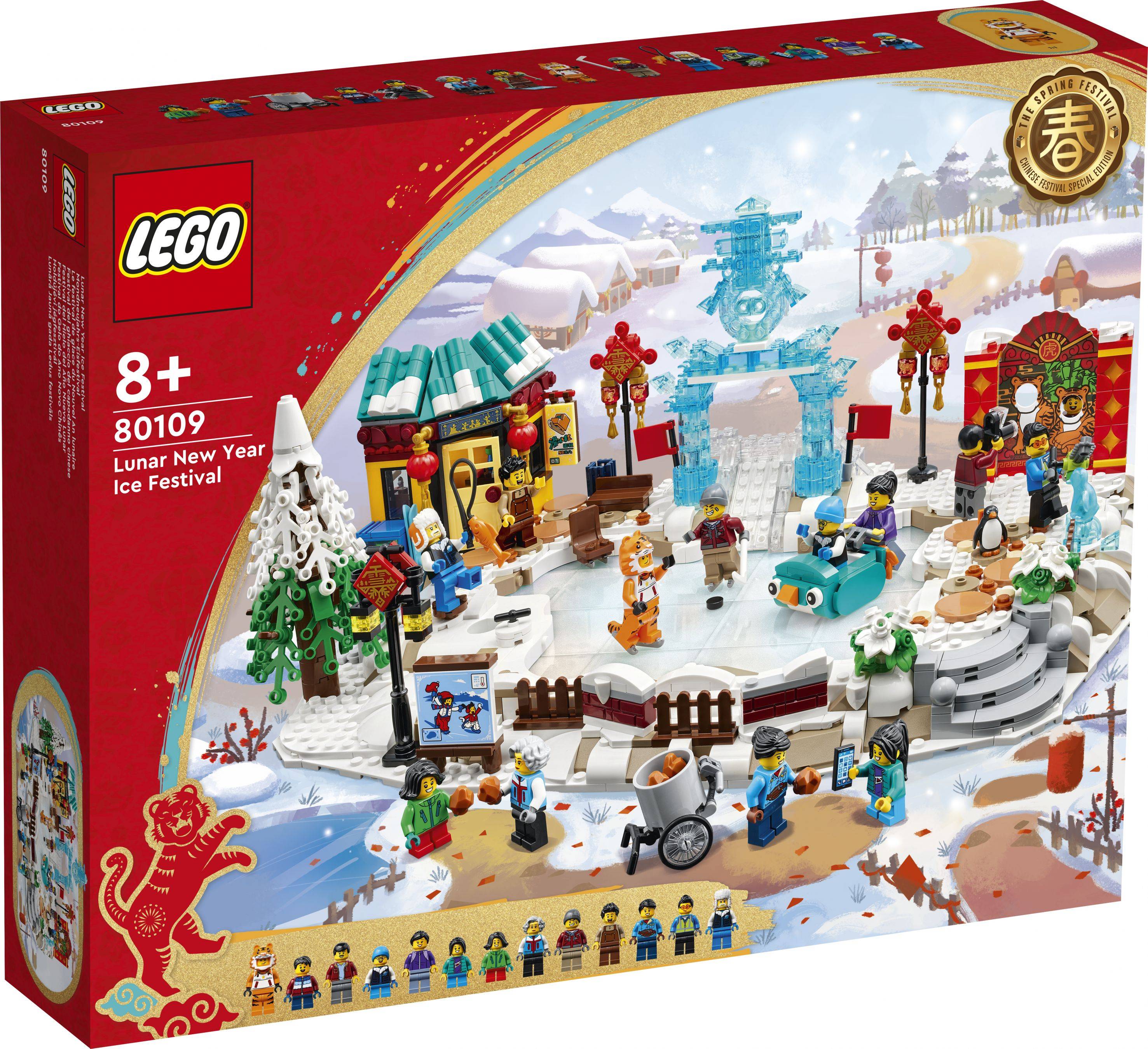 LEGO Mondneujahrs-Eisfestival-Set-Karton zeigt eine verschneite Festivalszene mit Minifiguren, Eisskulpturen, Ständen und festlicher Dekoration.