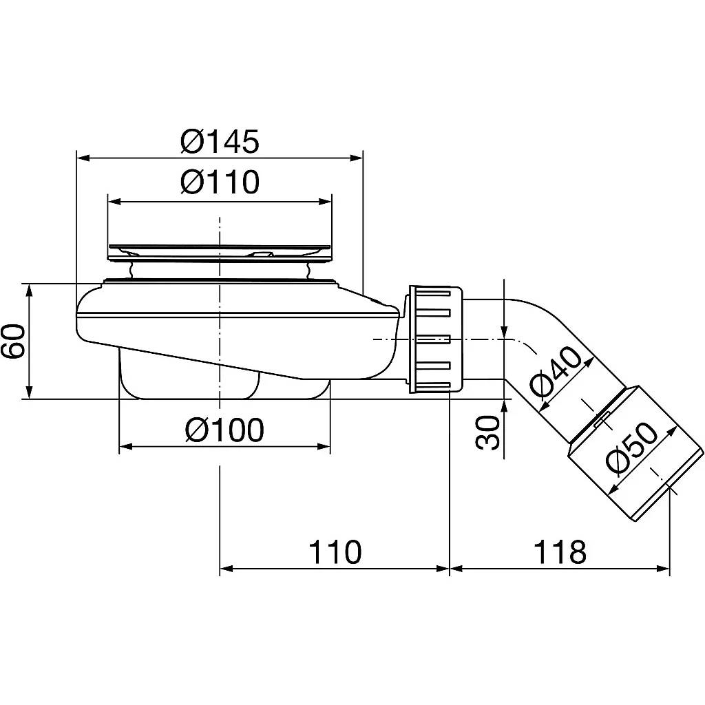 Technische Zeichnung einer Rohrleitungs-Ablaufarmatur mit gekrümmtem Auslass, mit beschrifteten Abmessungen in Millimetern: Ø145, Ø110, Ø100, 60, 30, 110, 118, Ø40 und Ø50.