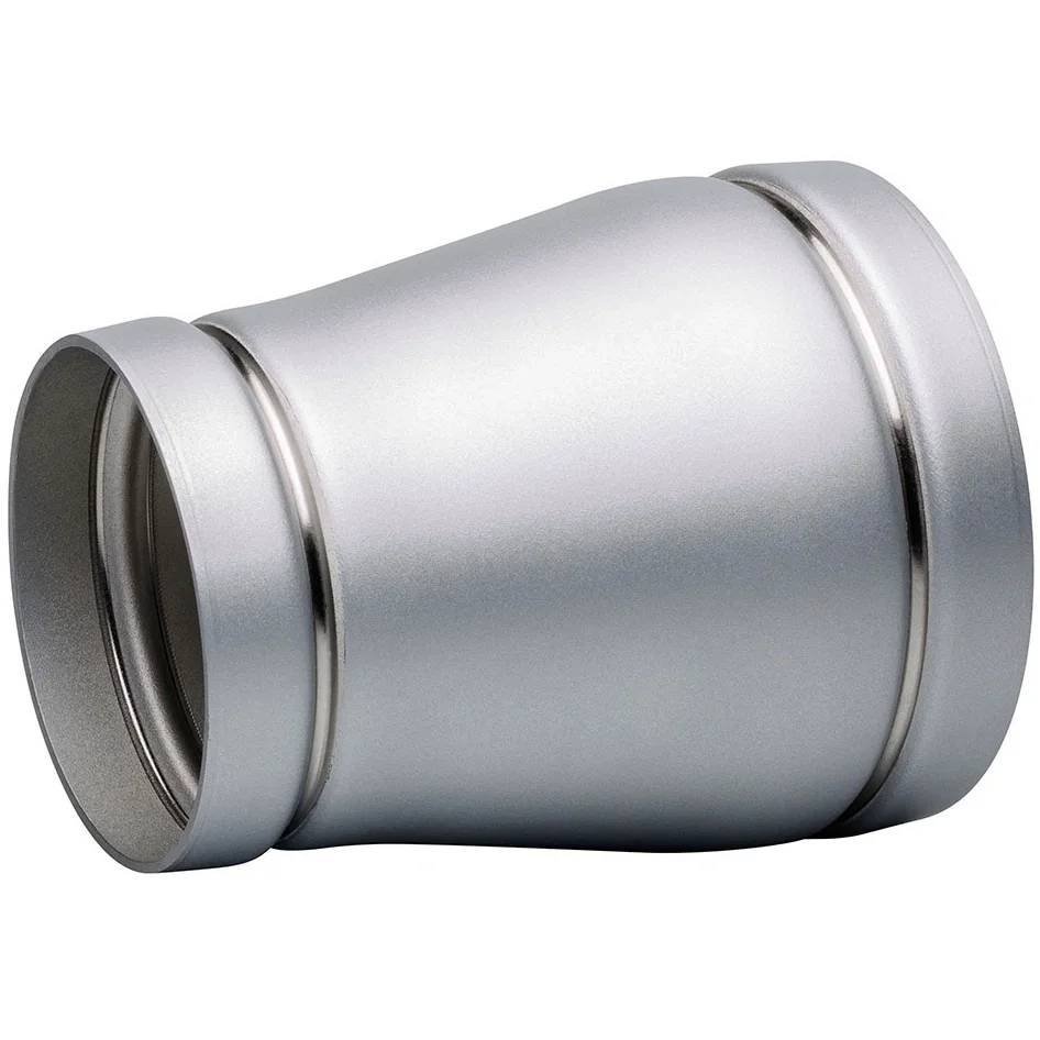 Metall-Luftkanal-Reduzierstück aus Silber zum Verbinden von zwei unterschiedlich großen Lüftungsrohren.