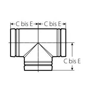 Technisches Diagramm einer T-förmigen Rohrverschraubung mit Mittellinen und Bemaßungspfeilen, die oben und auf der rechten Seite mit „C bis E