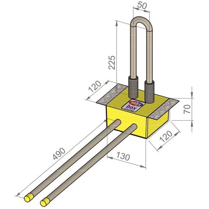 Diagramm eines Kastenvorhängeschlosses mit U-förmigem Bügel und zwei langen Stangen, beschriftet mit den Abmessungen 50, 225, 70, 120, 130 und 490 mm.
