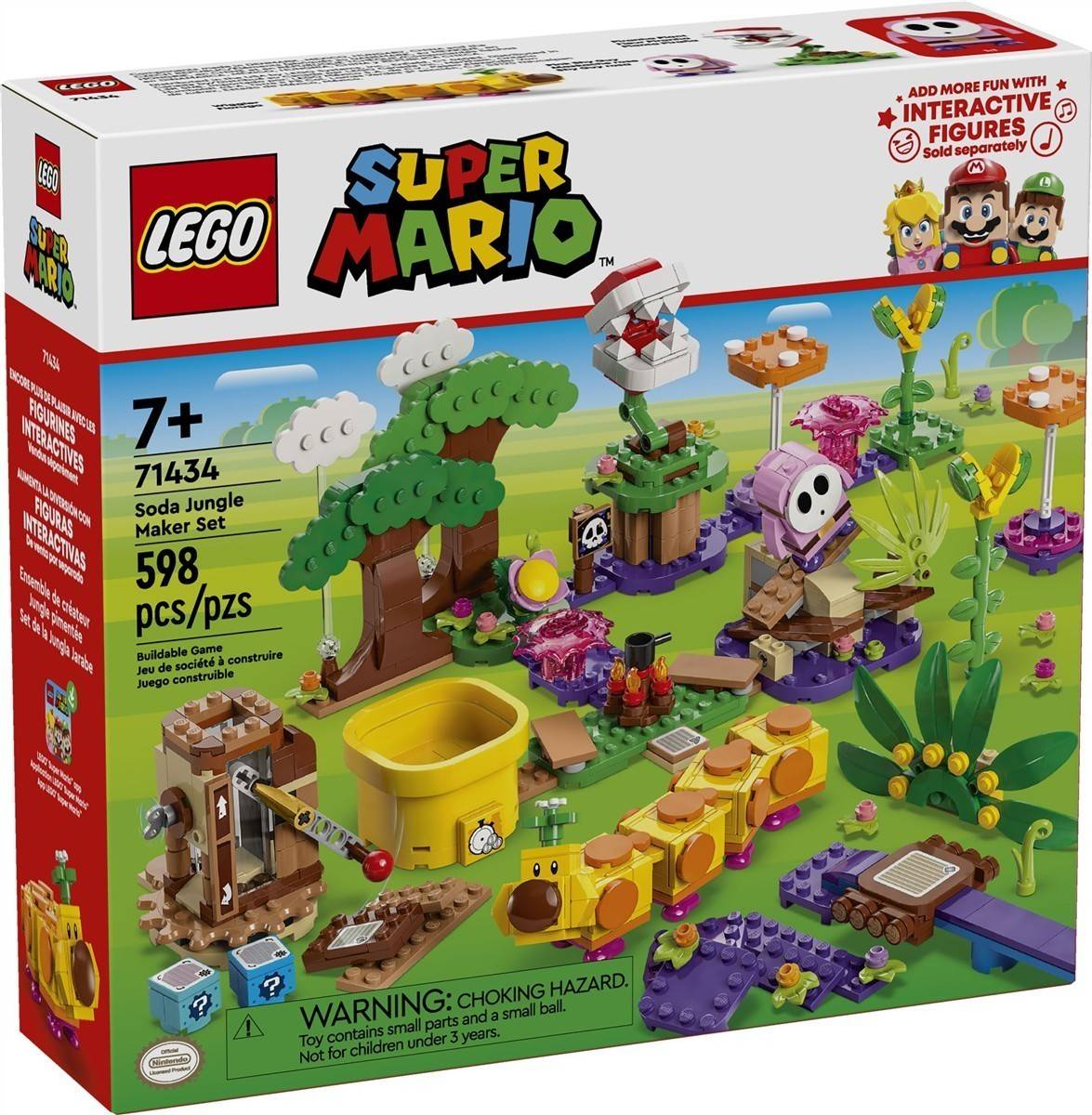 LEGO Super Mario 'Soda Jungle Maker Set' Schachtelfrontseite mit 598-teiligem interaktivem Dschungel-Spielset für Altersgruppe 7+ mit Mario-Charakteren und Hindernissen.