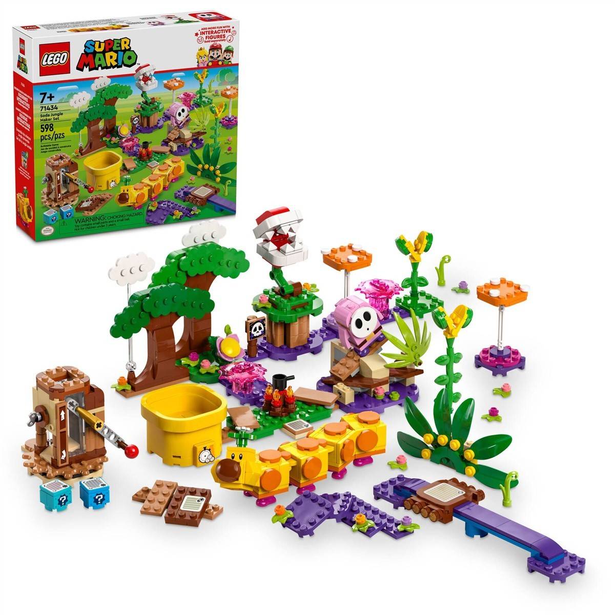 LEGO Super Mario 7+ Dschungel-Abenteuer-Set mit bunten Bausteinen, einem gelben Rohr, Baum, Plattform und Charakterfiguren, die zusammengebaut neben der Schachtel abgebildet sind.