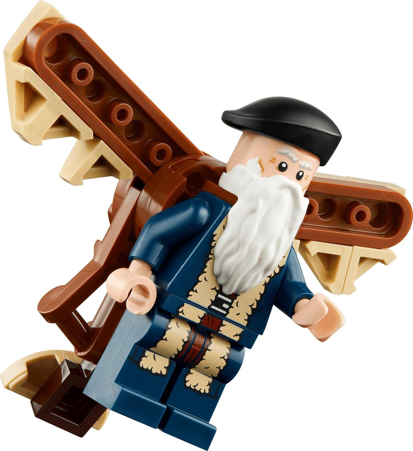 LEGO-ähnliche Minifigur eines älteren Mannes mit langem weißem Bart, schwarzer Kappe, blauer Kleidung und braunen Flügeln