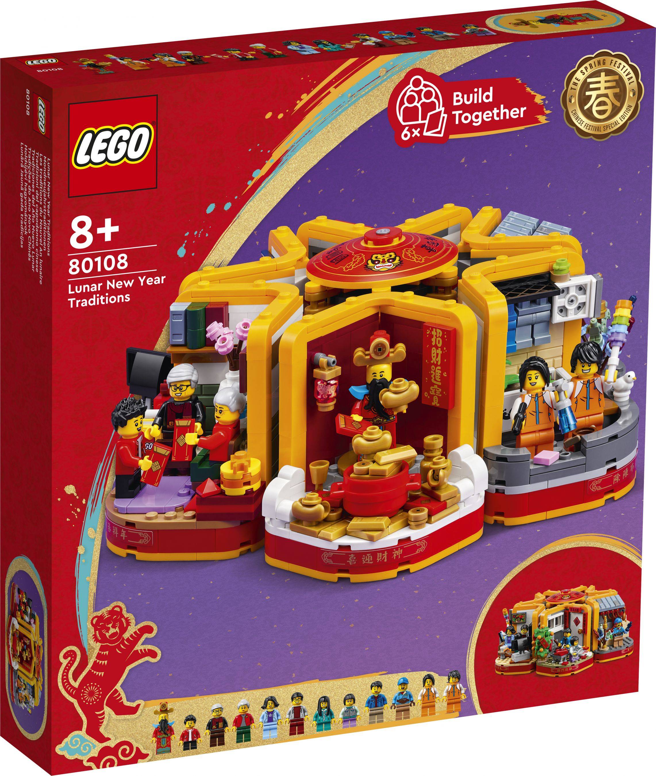 LEGO 80108 Lunar New Year Traditions Baukasten zeigt ein festliches rot-goldenes Bauwerk mit Minifiguren, gekennzeichnet mit 8+ und Build Together.