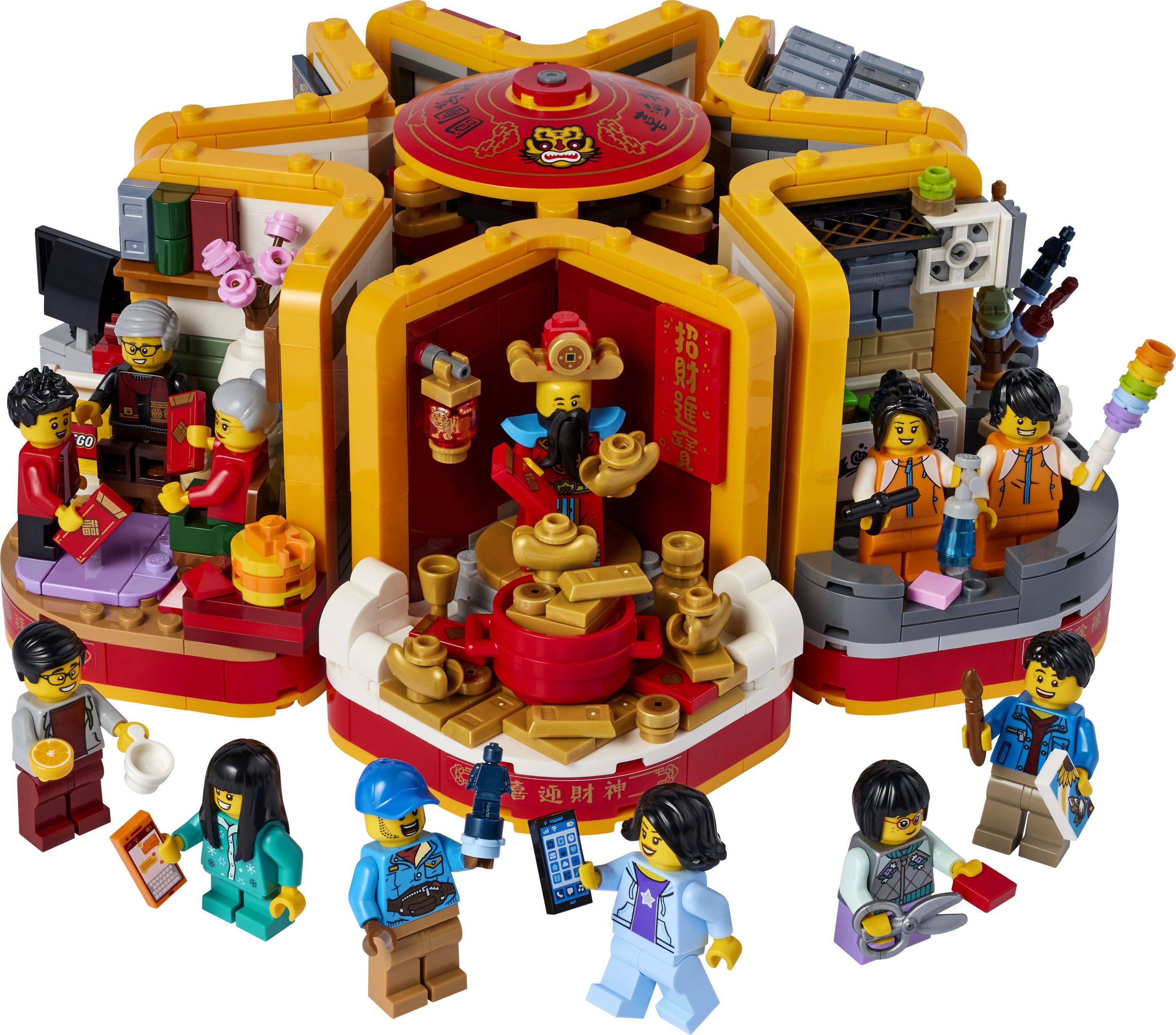 LEGO-ähnliches chinesisches Neujahrstempel-Set mit Minifiguren, zentralem Altar, Laternen und festlichen Accessoires.