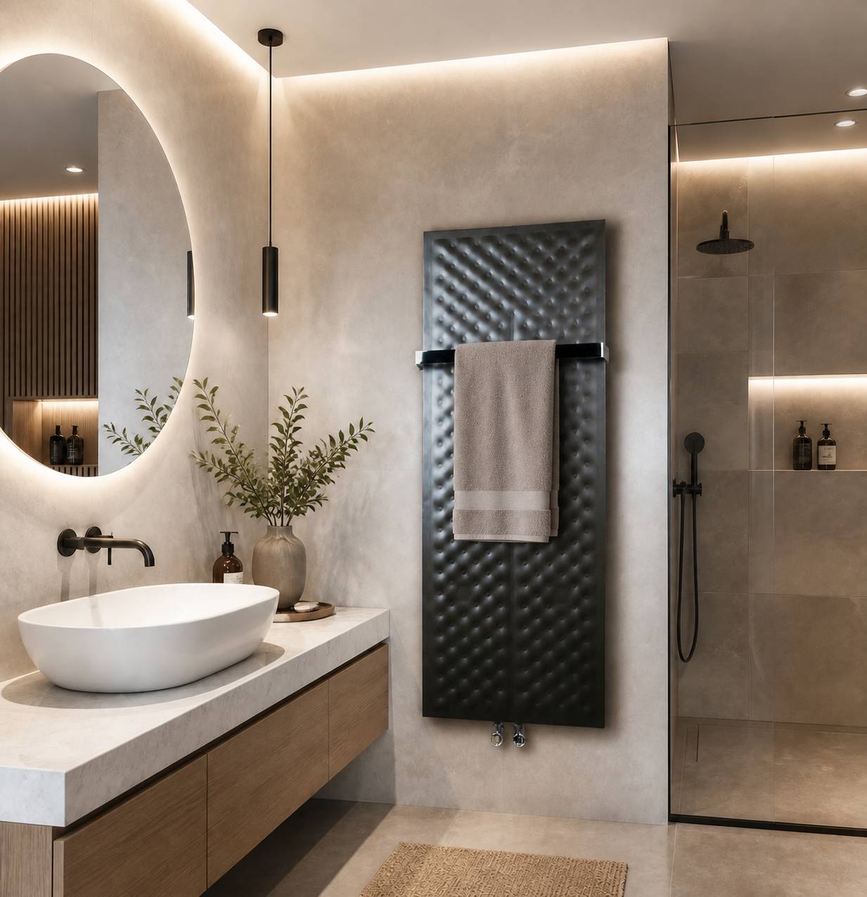 Modernes Badezimmer mit Aufsatzwaschbecken, rundem Spiegel, schwarzem Handtuchwärmer und Glasdusche in einem warmen, neutralen minimalistischen Design.