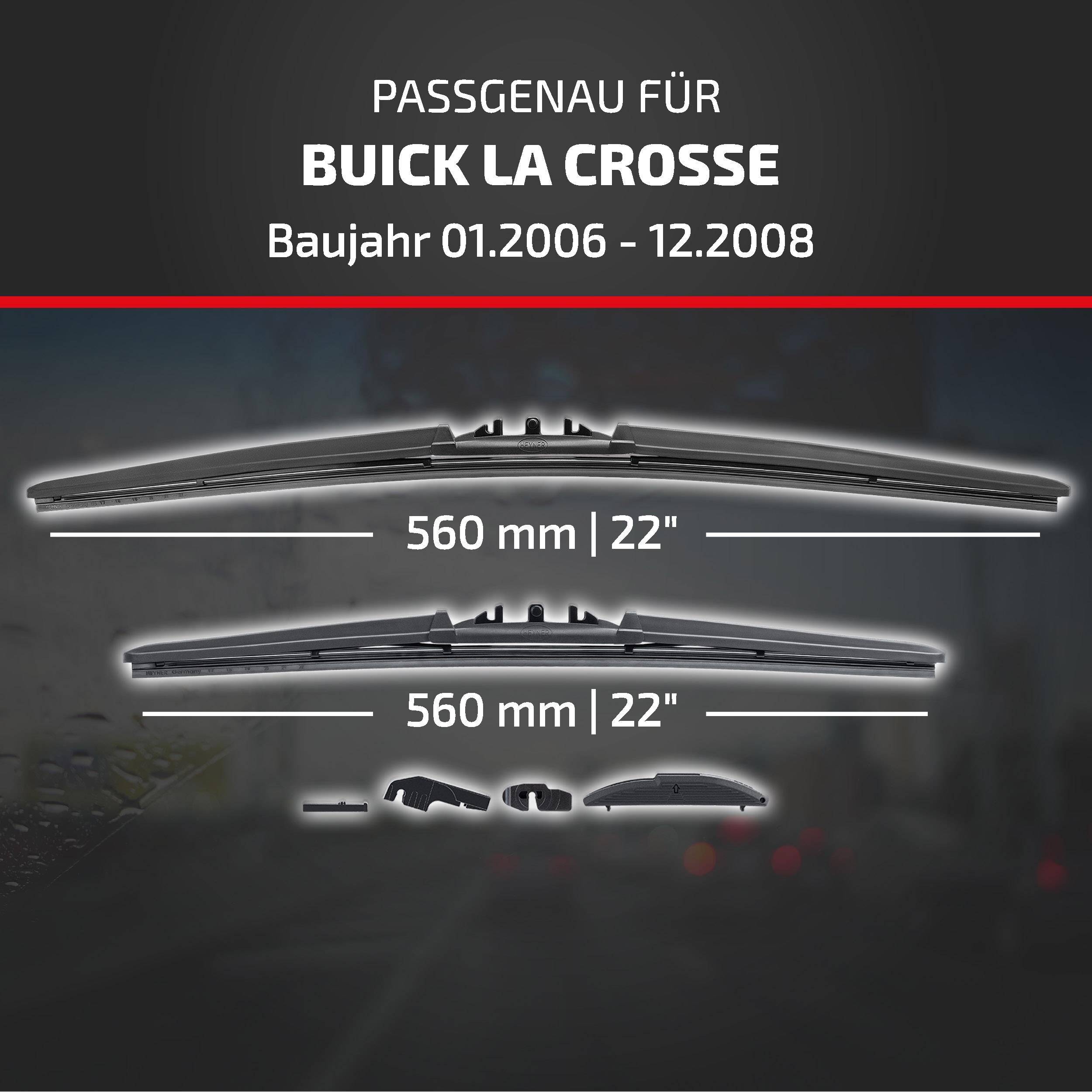 Anzeige zeigt Scheibenwischerblätter, die mit Buick LaCrosse, Baujahre 01.2006-12.2008, Größe 560 mm (22 Zoll) für beide Blätter kompatibel sind.