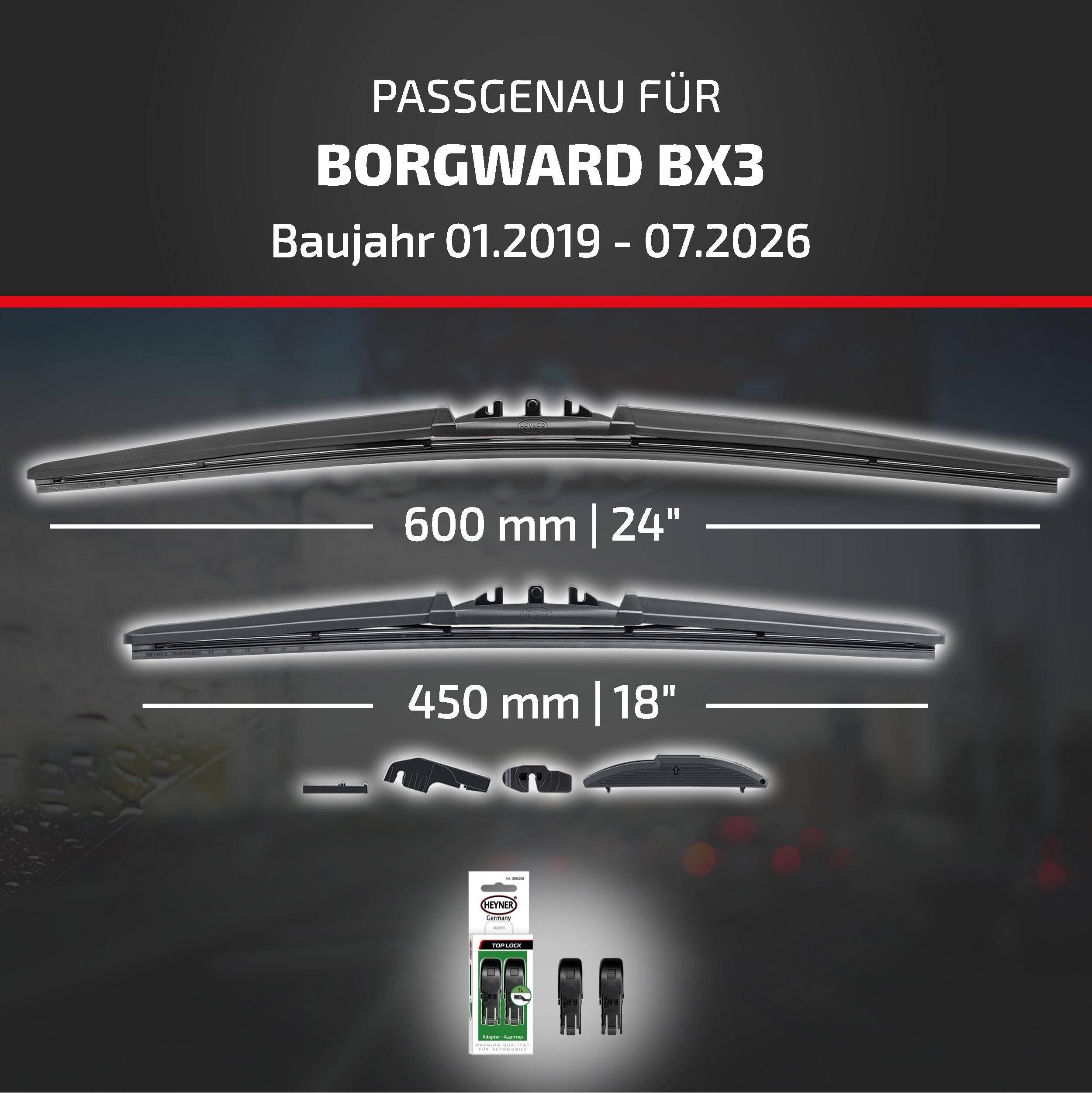 Kompatibilitätsgrafik für Borgward BX3 (Modelljahre 01.2019-07.2026) mit Scheibenwischerblatt-Größen 600 mm/24