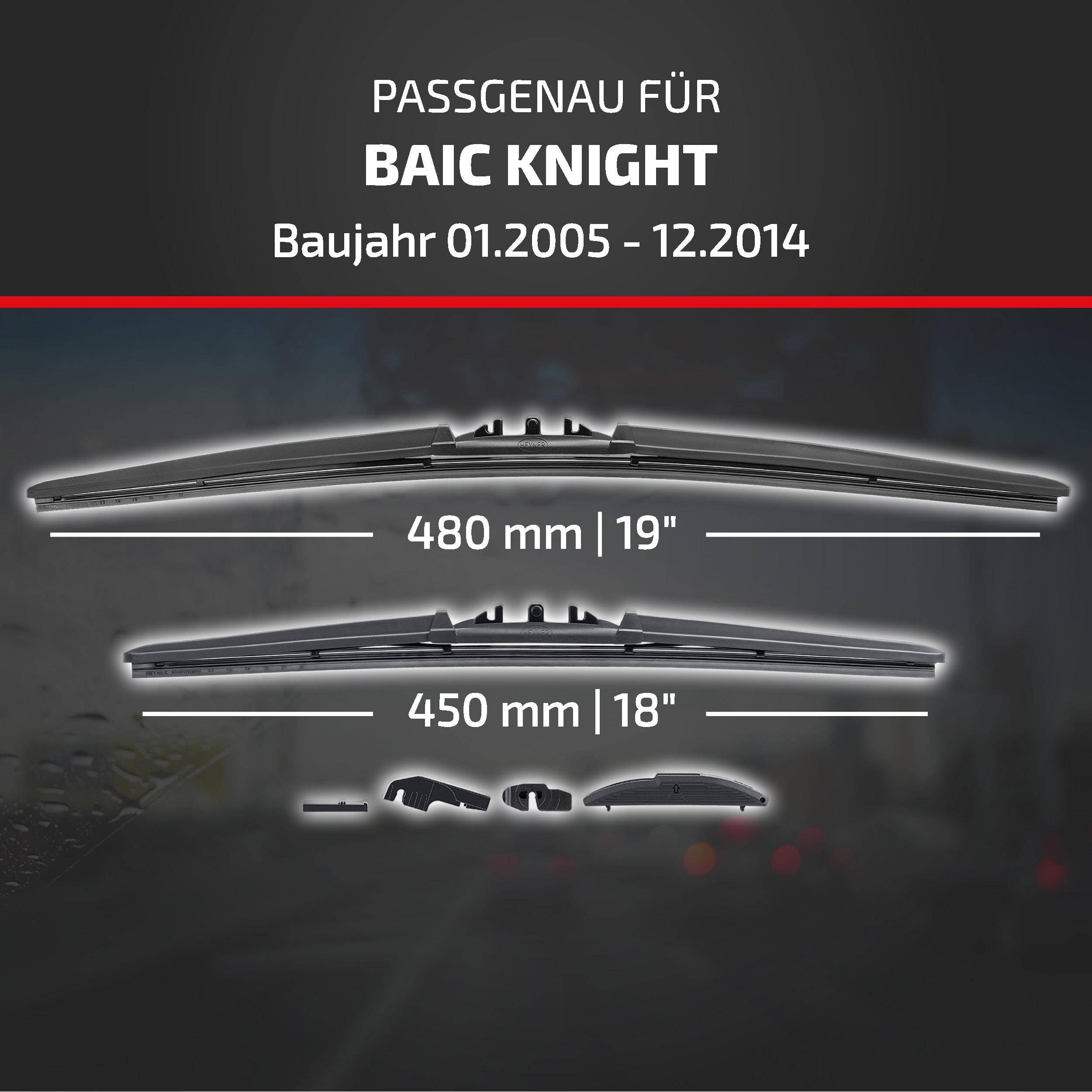 Kompatibilitätsgrafik für BAIC Knight Wischerblätter, Modelljahre 01.2005-12.2014, mit den Größen 480 mm (19