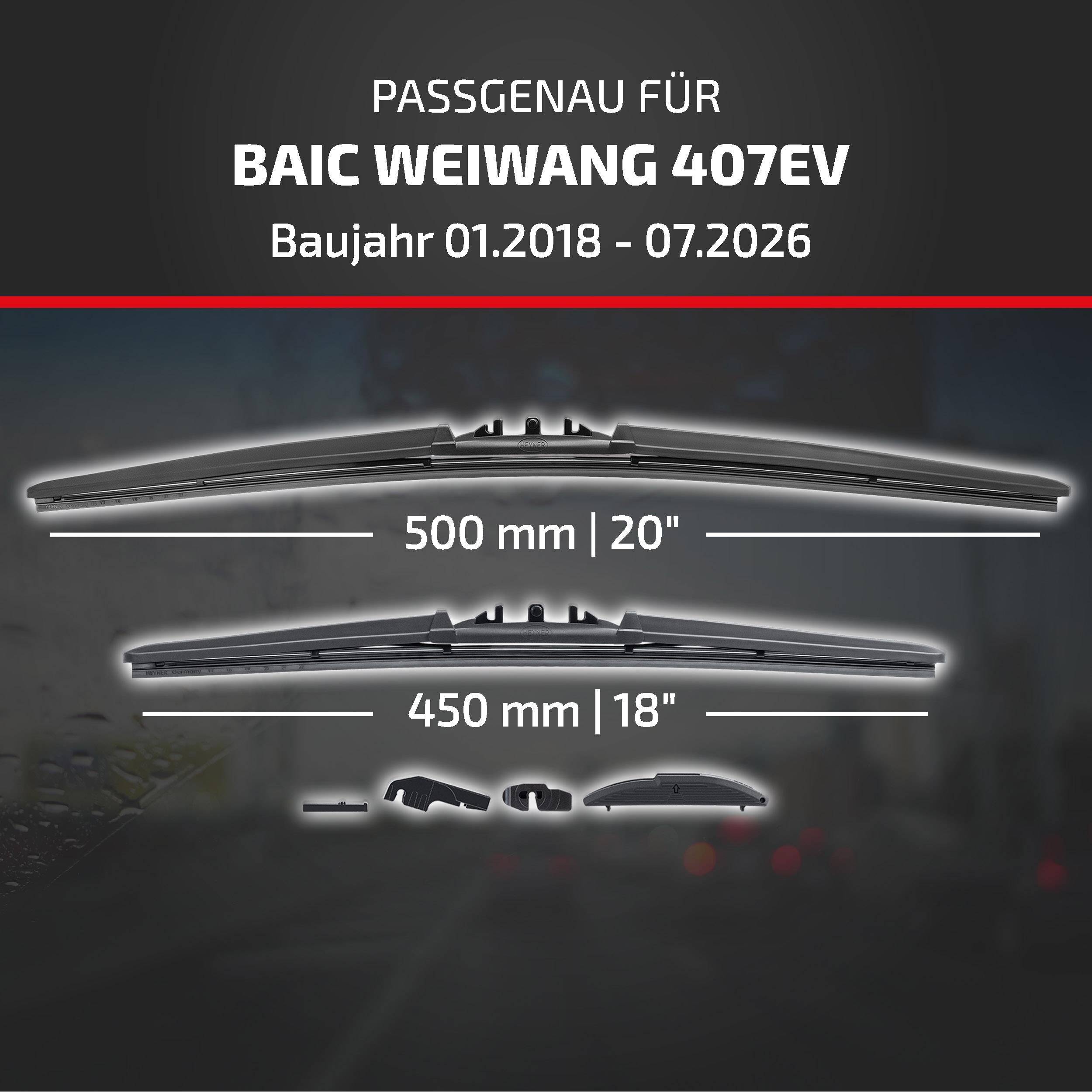 Scheibenwischer-Kompatibilitätstabelle für BAIC Weiwang 407EV, Modelljahre 01.2018-07.2026, mit Vorderscheibenwischer-Größen 500 mm (20