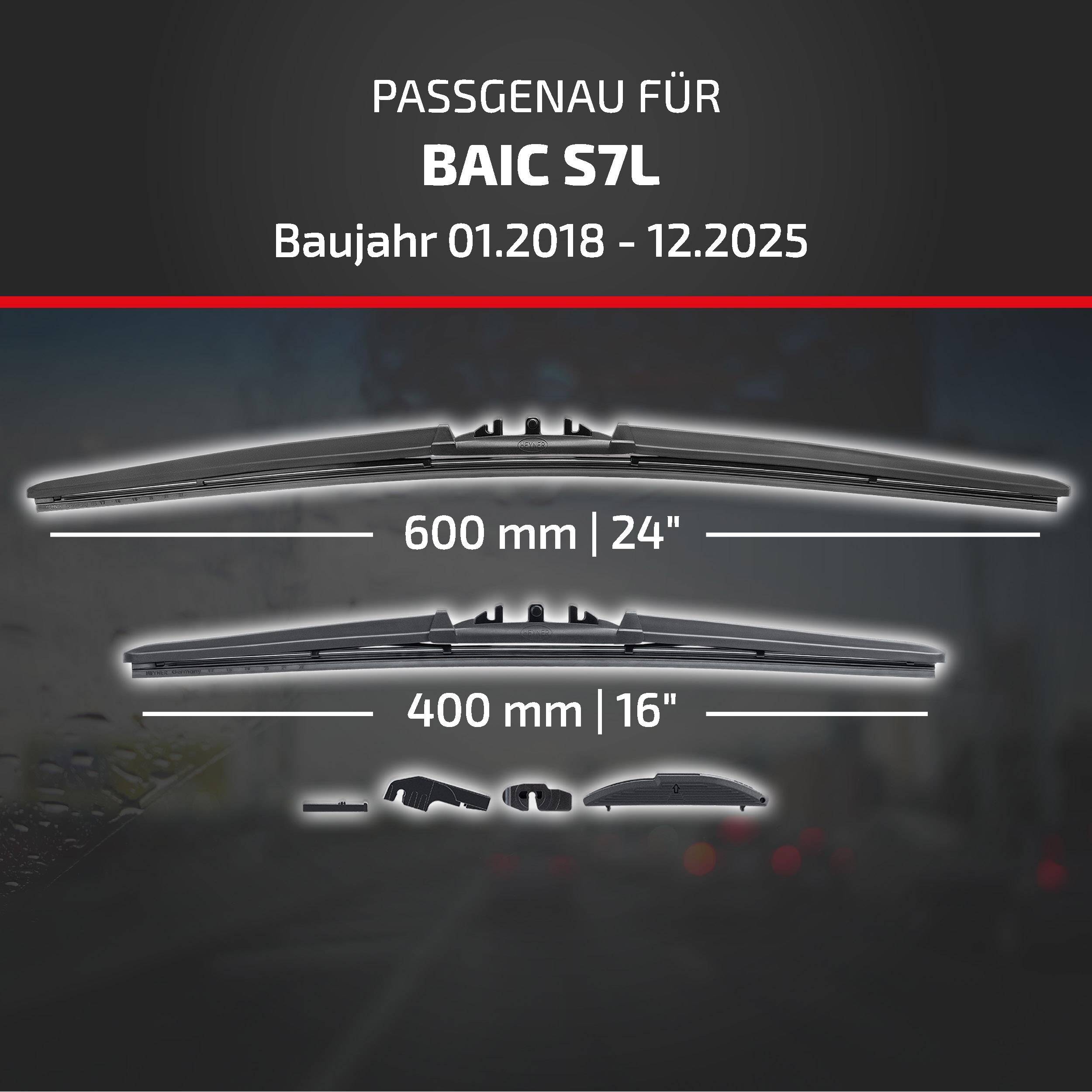 Grafik zur Scheibenwischer-Kompatibilität für BAIC S7L, Modelljahre 01.2018-12.2025, mit Größen von 600 mm (24
