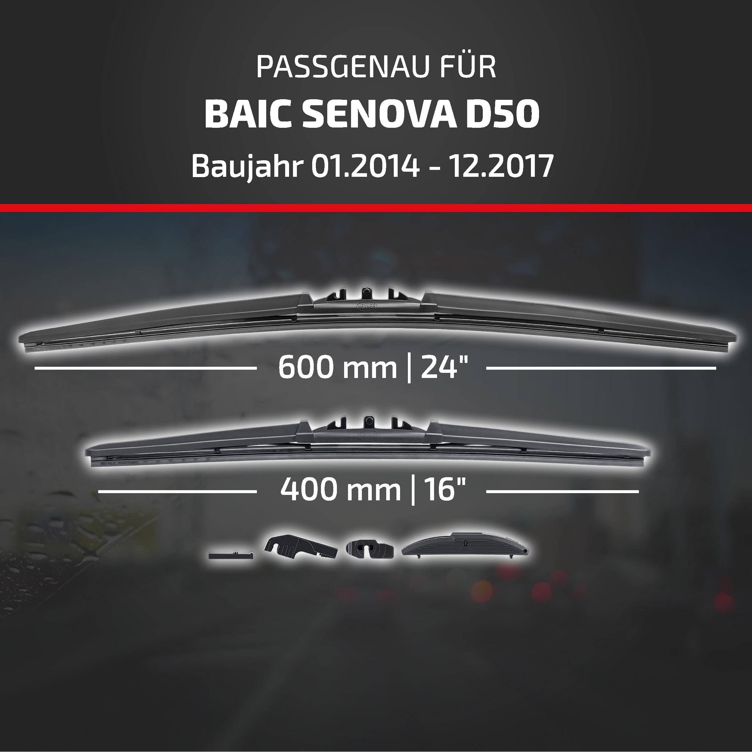Kompatibilitätsgrafik für BAIC Senova D50, Modelljahre 01/2014-12/2017, zeigt Wischblattlängen 600 mm (24