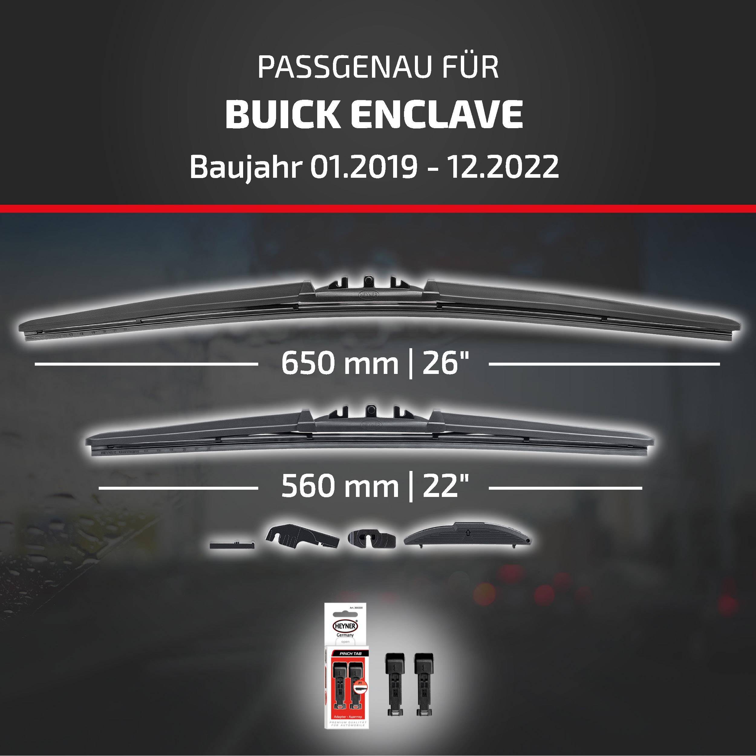 Produktgrafik mit Scheibenwischern für Buick Enclave, Modelljahre 01/2019-12/2022, mit Größen 650 mm (26