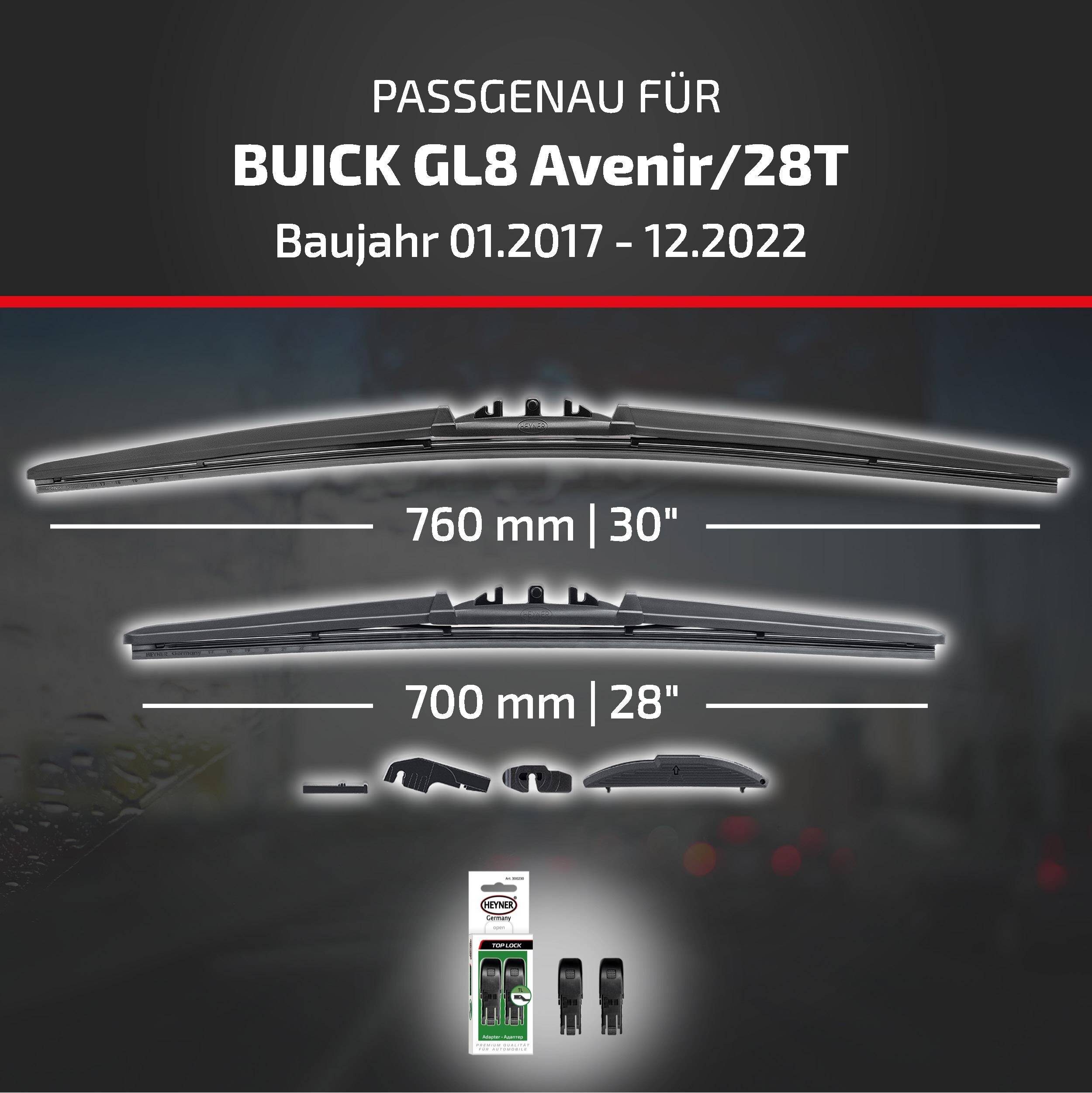 Kompatibilitätsgrafik für Buick GL8 Avenir/28T, Modelljahre 01.2017-12.2022, zeigt Wischblattlängen 760 mm (30