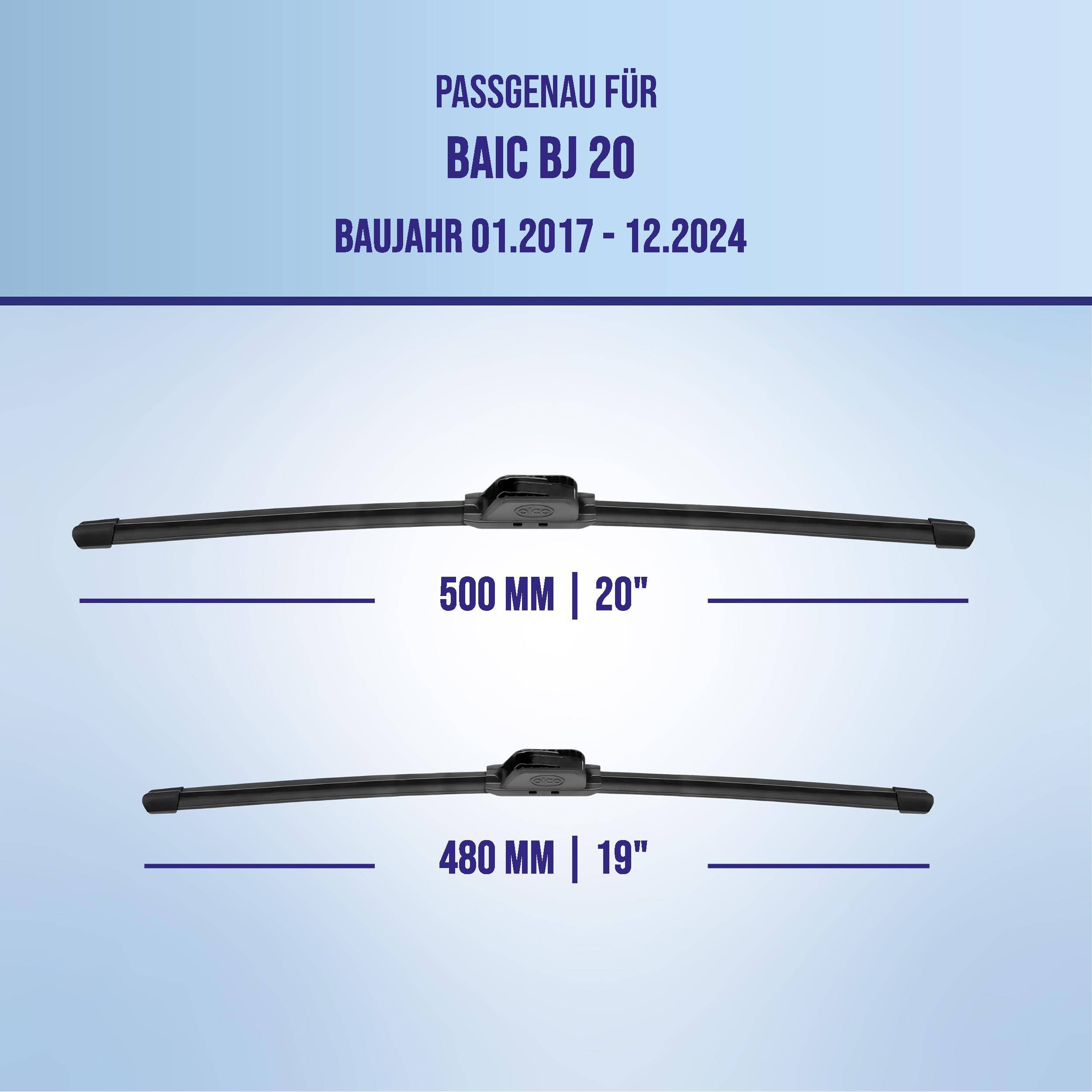 Kompatibilitätsgrafik zeigt eine BAIC BJ20 Wischblatt-Montage für Modelljahre 01.2017-12.2024, mit Blattlängen 500 mm (20') und 480 mm (19').