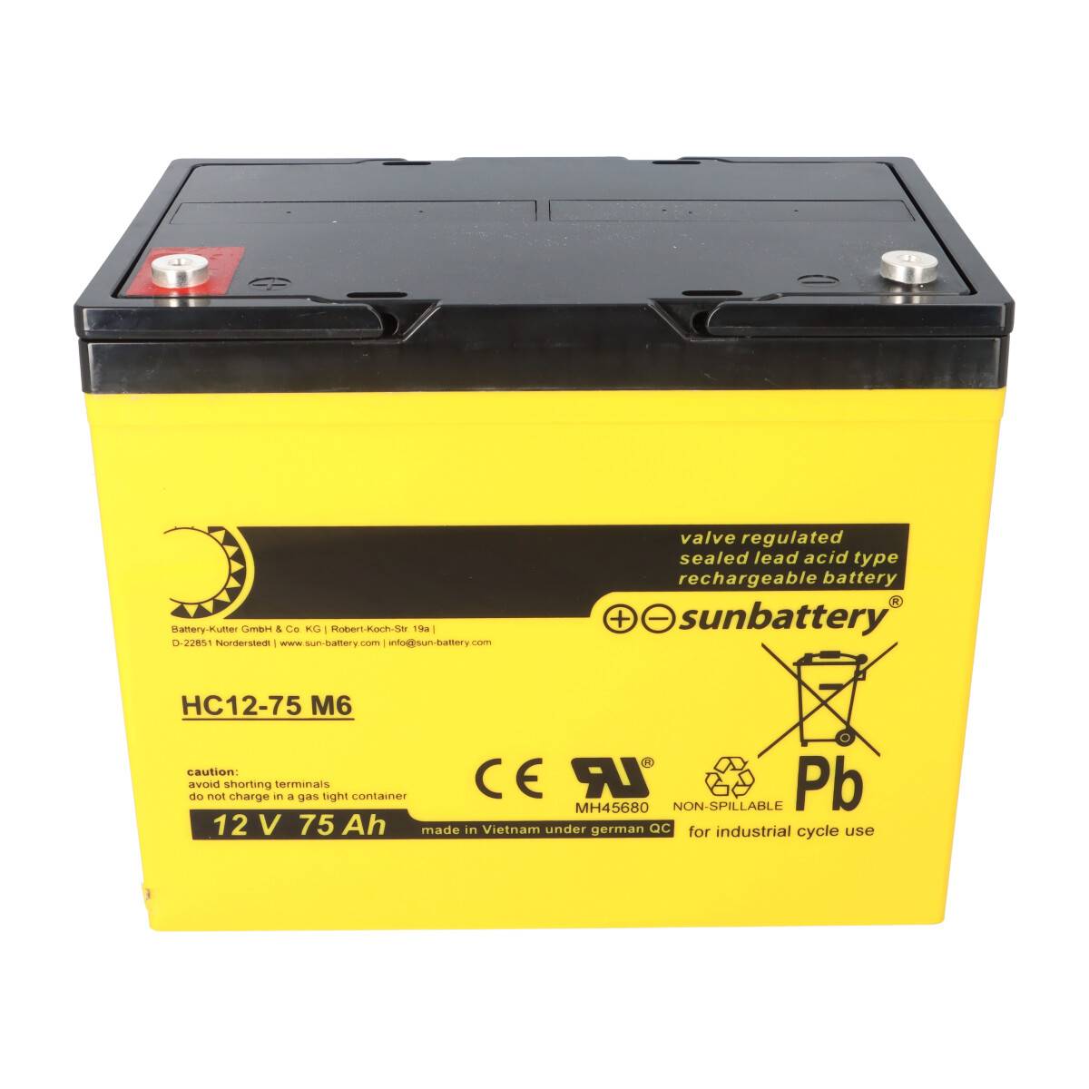 SUN Battery High Cycle AGM Bleiakku zyklenfest 12V 75Ah M6-Schraubanschluss
