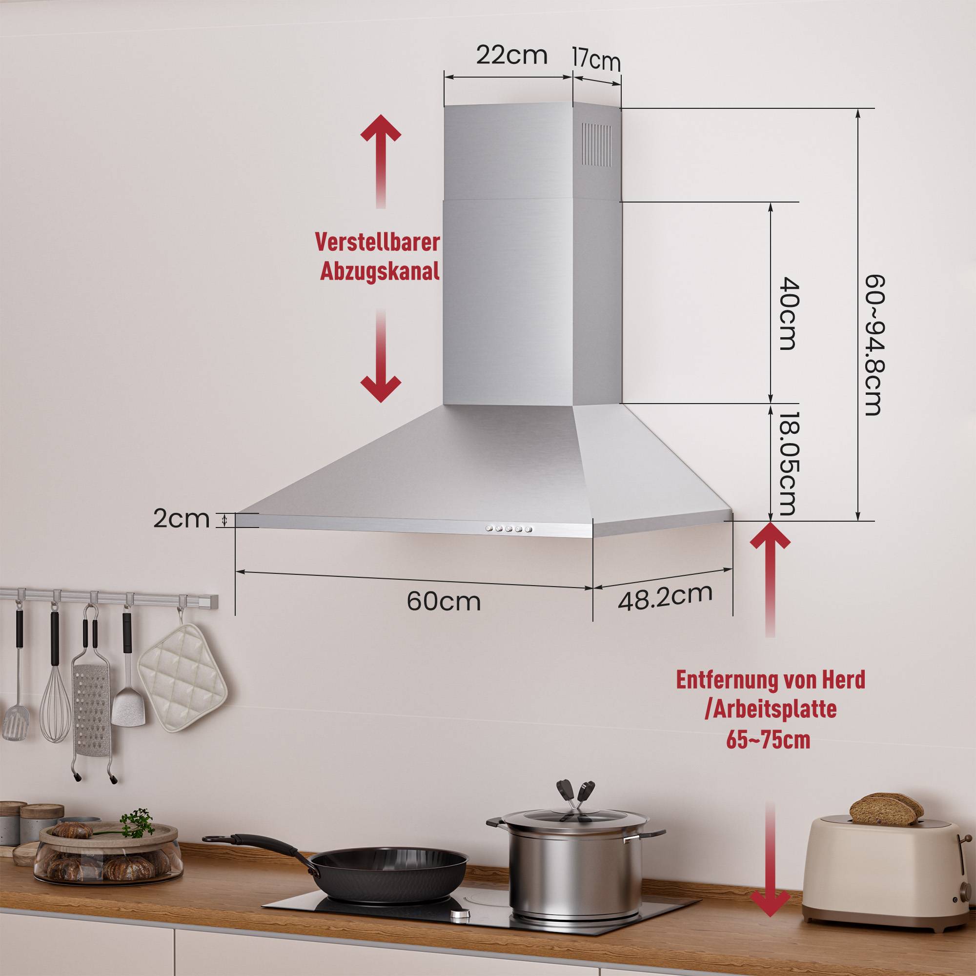 Kommentiertes Dunstabzugshauben-Diagramm für die Küche mit verstellbarem Kanal, Größenmessungen und empfohlener Entfernung von 65-75 cm vom Herd zur Haube.