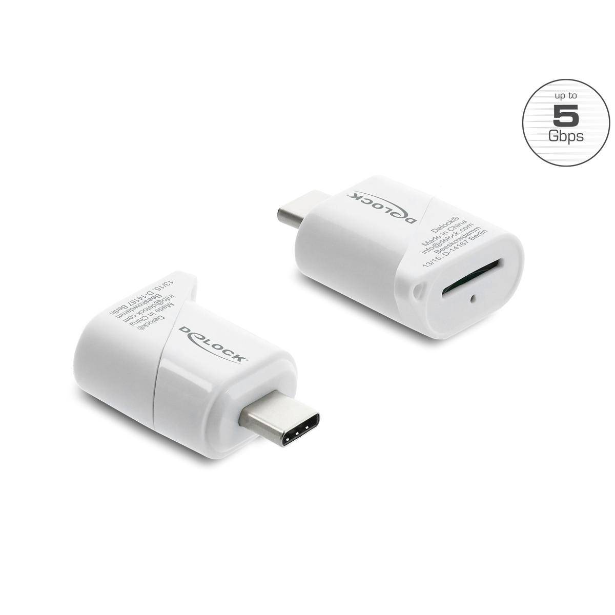 Zwei weiße Delock USB-C-Adapter auf weißem Hintergrund mit einem Abzeichen, auf dem 