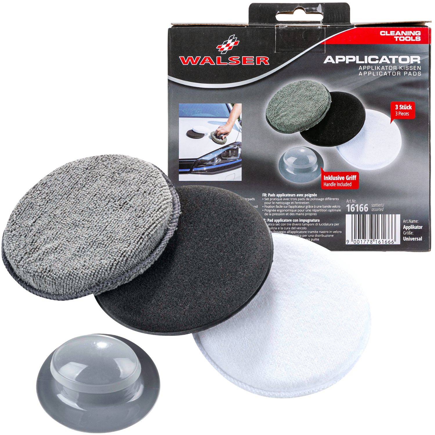 Walser Reinigungswerkzeug-Applikatorset mit drei runden Pads und einem Griff, gezeigt mit Produktverpackung zum Polieren und Reinigen von Autos.