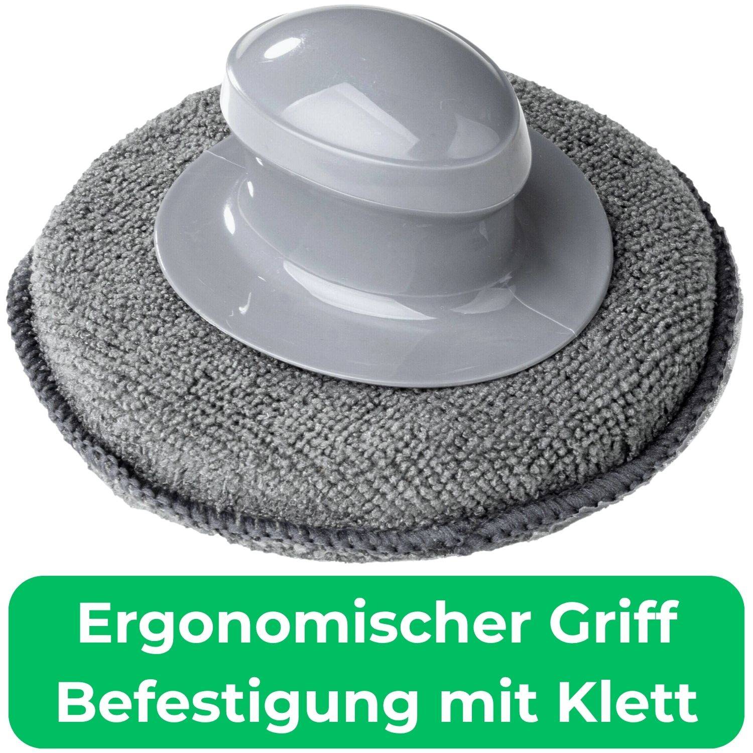 Grauer ergonomischer Griff mit Klettrückseite; deutscher Text besagt „Ergonomischer Griff Befestigung mit Klett".