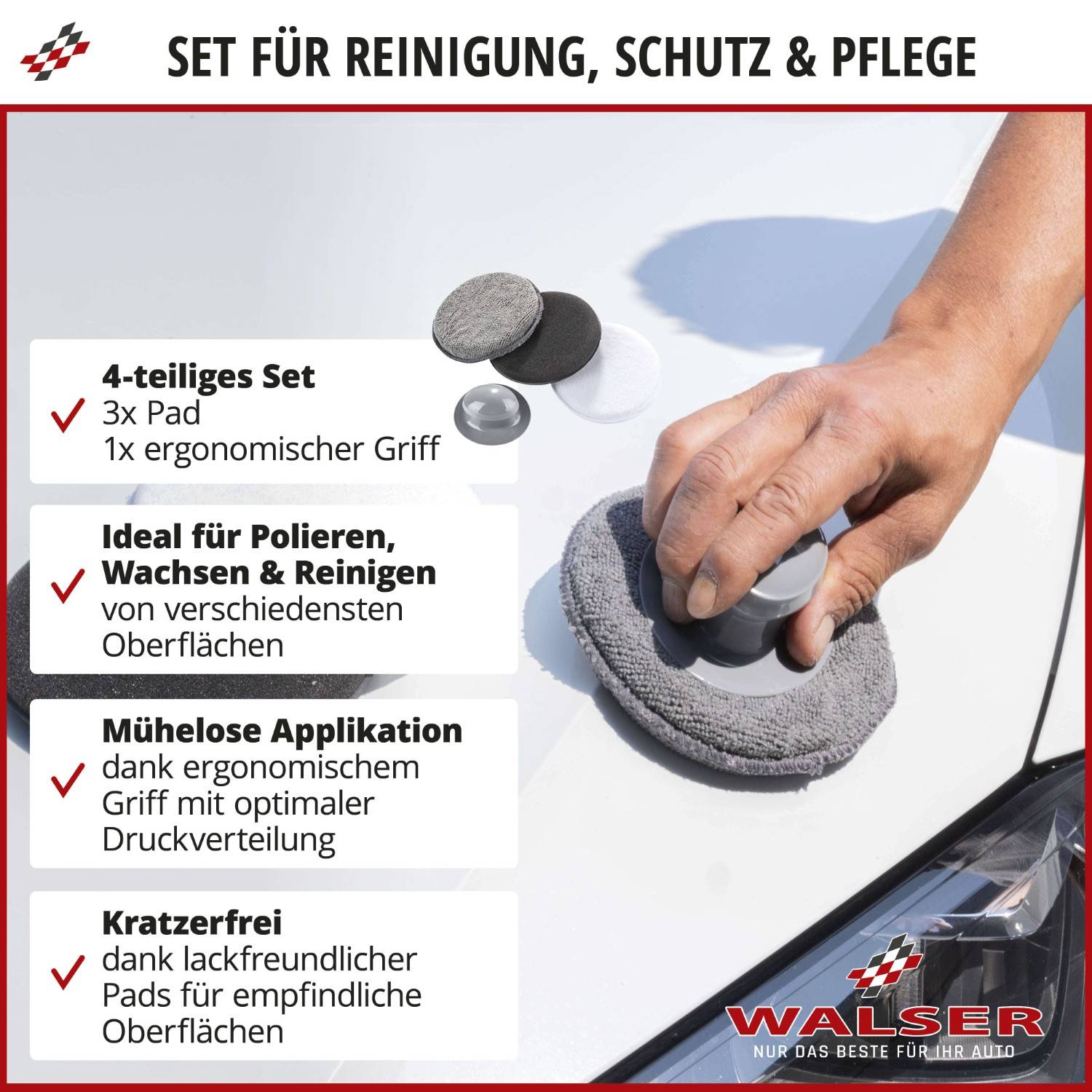 Werbebild einer Hand, die ein ergonomisches Polierpad-Werkzeug verwendet. Der deutsche Text besagt „Set für Reinigung, Schutz & Pflege" und hebt ein 4-teiliges Set, kratzerfreie Pads und einfache Anwendung zum Polieren, Wachsen und Reinigen hervor.
