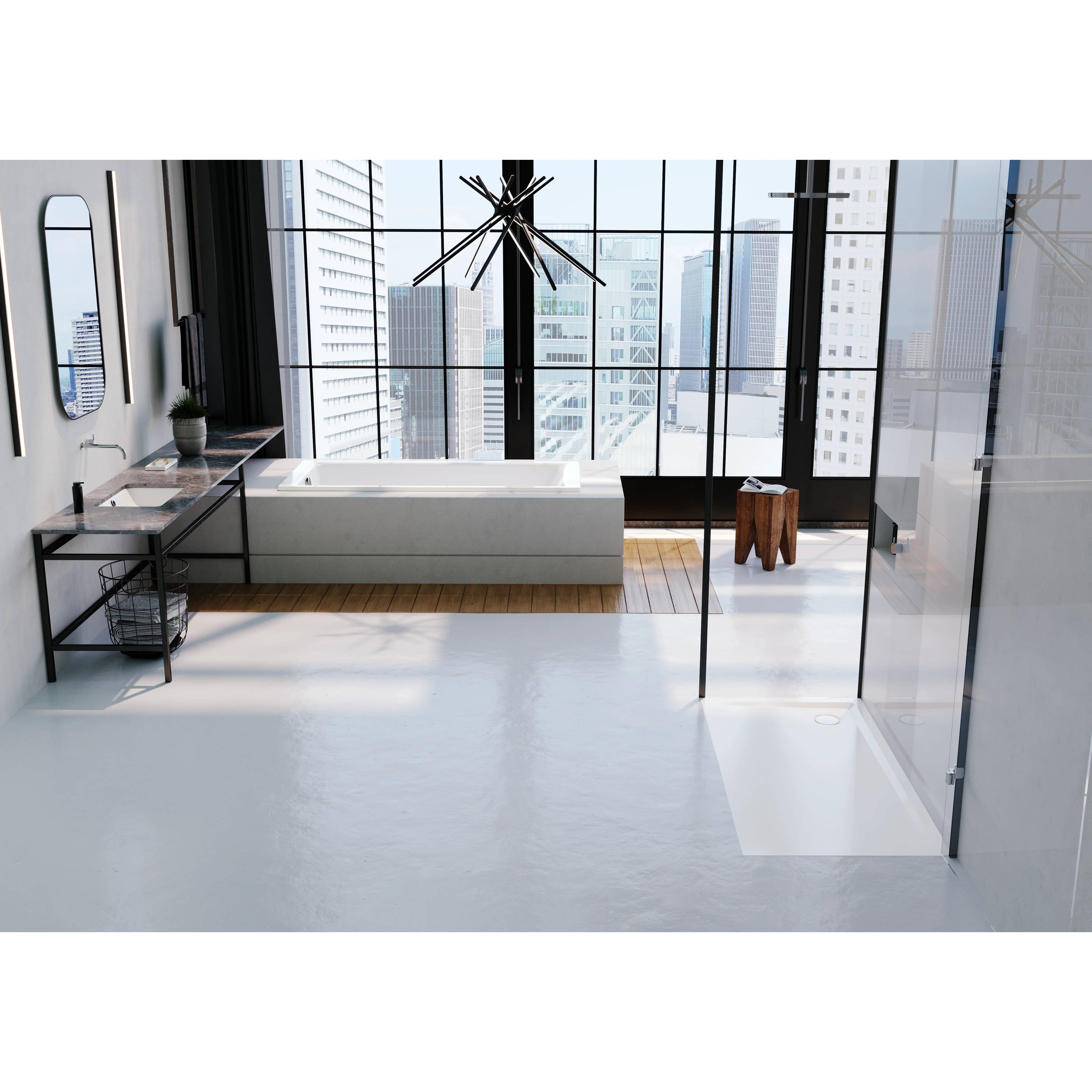 Modernes minimalistisches Badezimmer mit freistehender Badewanne, schwarzgerahmter Dusche, Waschtisch, Hocker und raumhohen Fenstern mit Blick auf die Stadtsilhouette.
