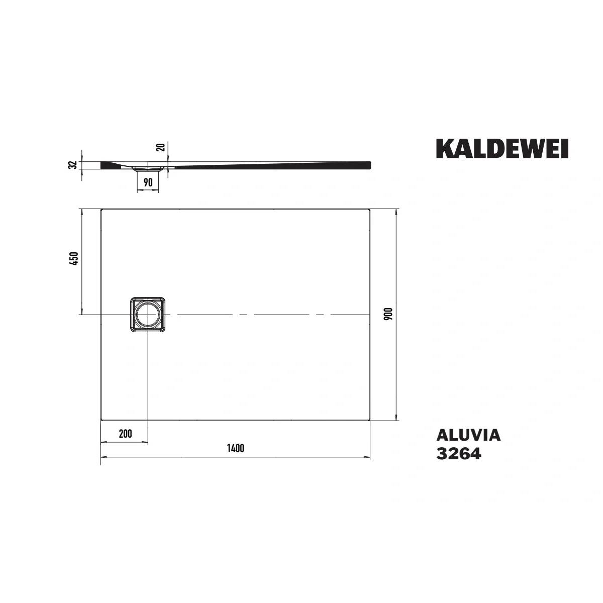 Technische Zeichnung einer rechteckigen Kaldewei Aluvia 3264 Badewanne mit Draufsicht und Seitenansicht mit Abmessungen 1400 x 900 mm und Ablaufplatzierung.