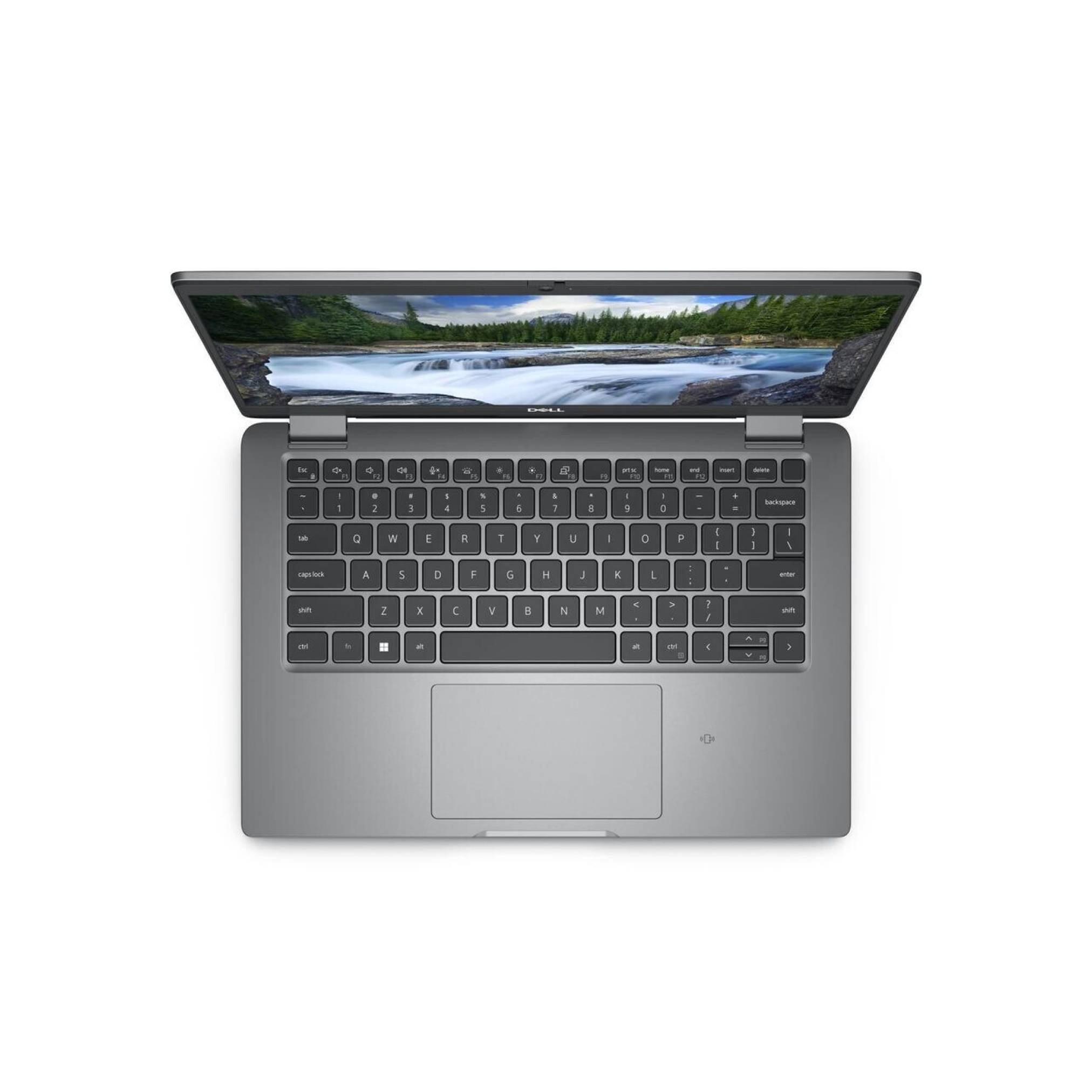 Offener Laptop-Computer von oben betrachtet, zeigt eine Tastatur, ein großes Touchpad und einen Bildschirm, auf dem eine Landschaftsaufnahme eines Wasserfalls angezeigt wird.