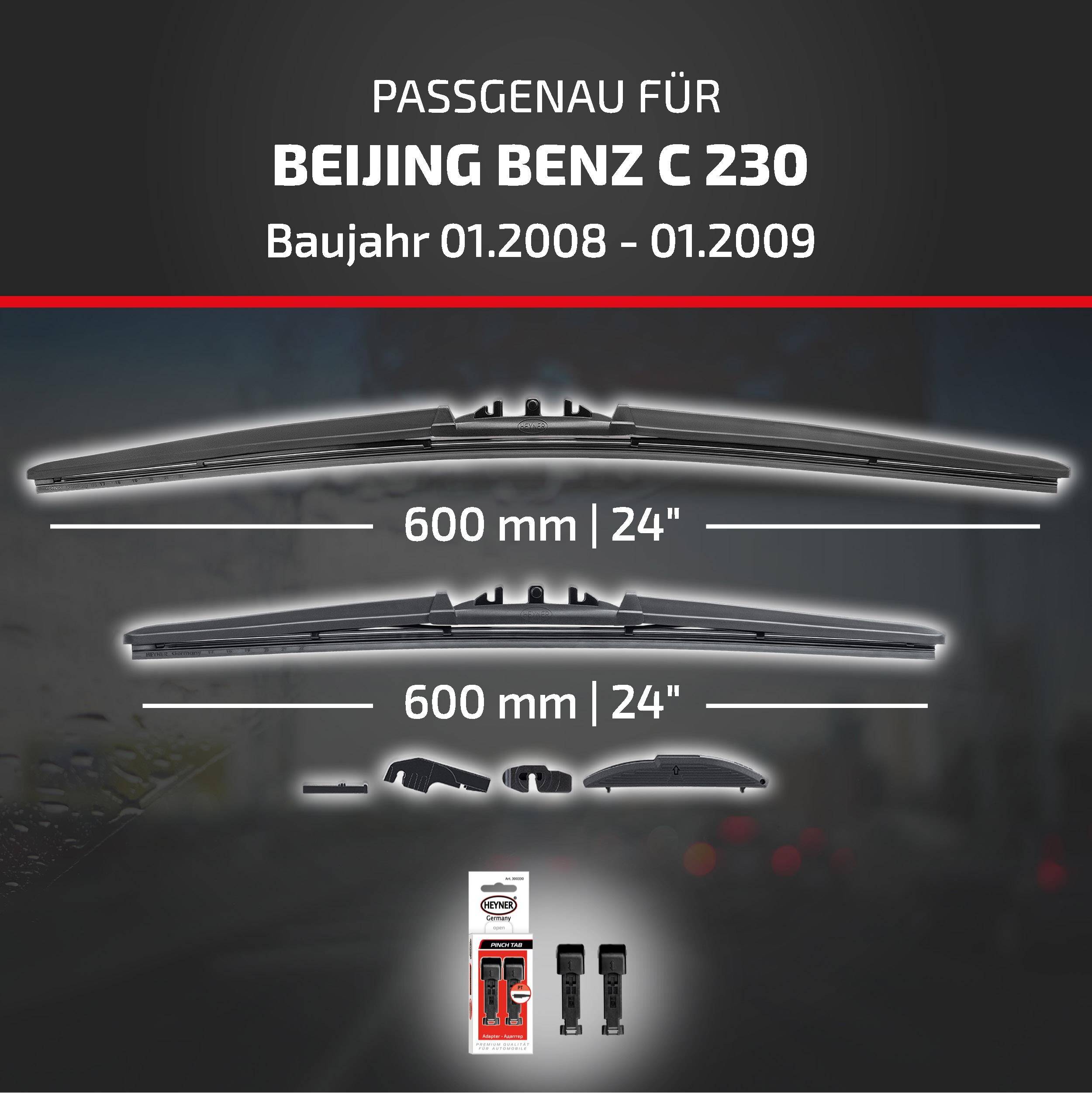 Grafik zeigt Scheibenwischer, die mit Beijing Benz C 230, Modelljahre 01.2008-01.2009 kompatibel sind; beide Blätter sind 600 mm (24