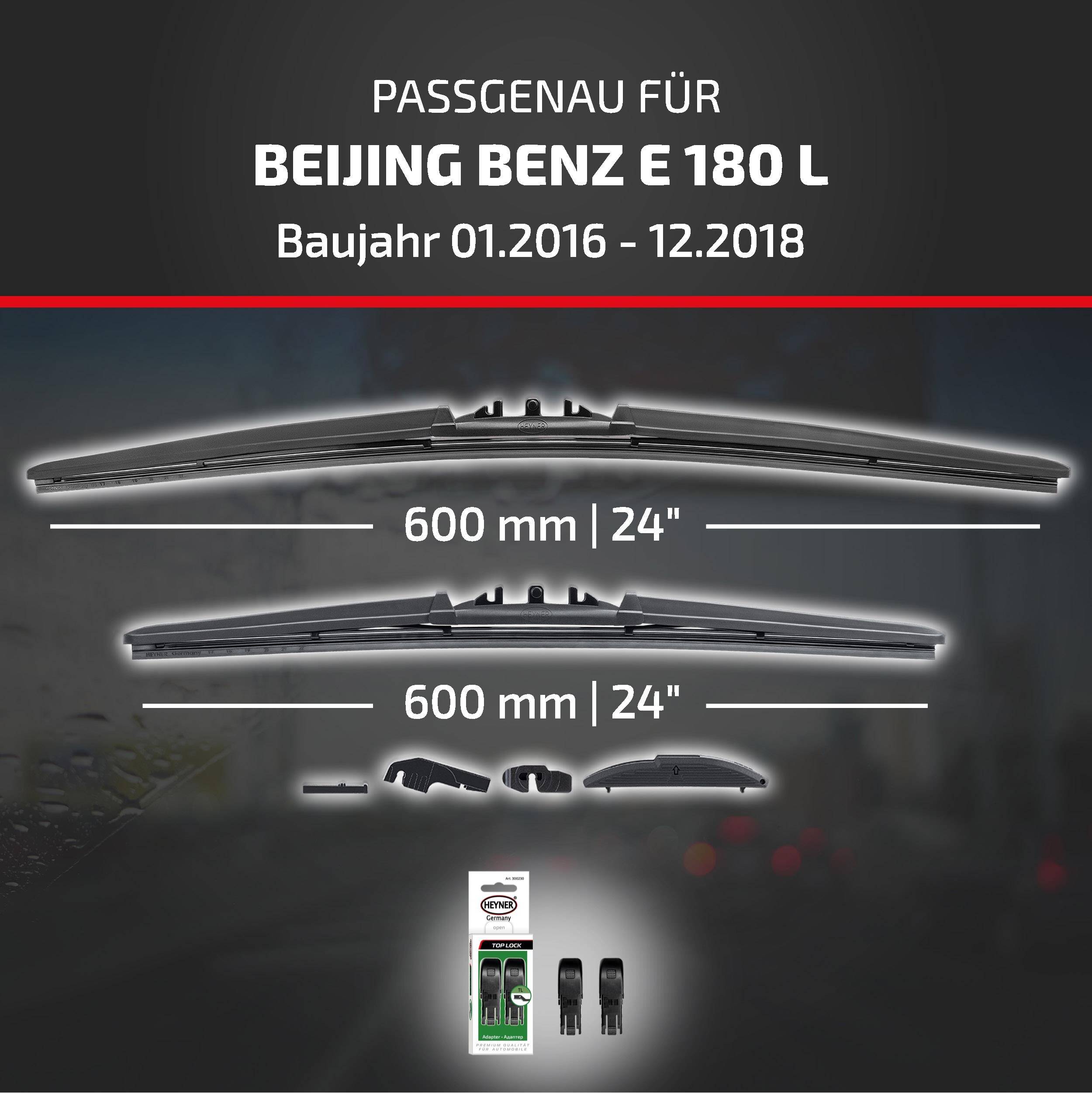 Kompatibilitätsgrafik für Beijing Benz E 180 L, Modelljahre 01/2016-12/2018, mit zwei 600 mm (24) Scheibenwischblättern und enthaltenem Adapter.
