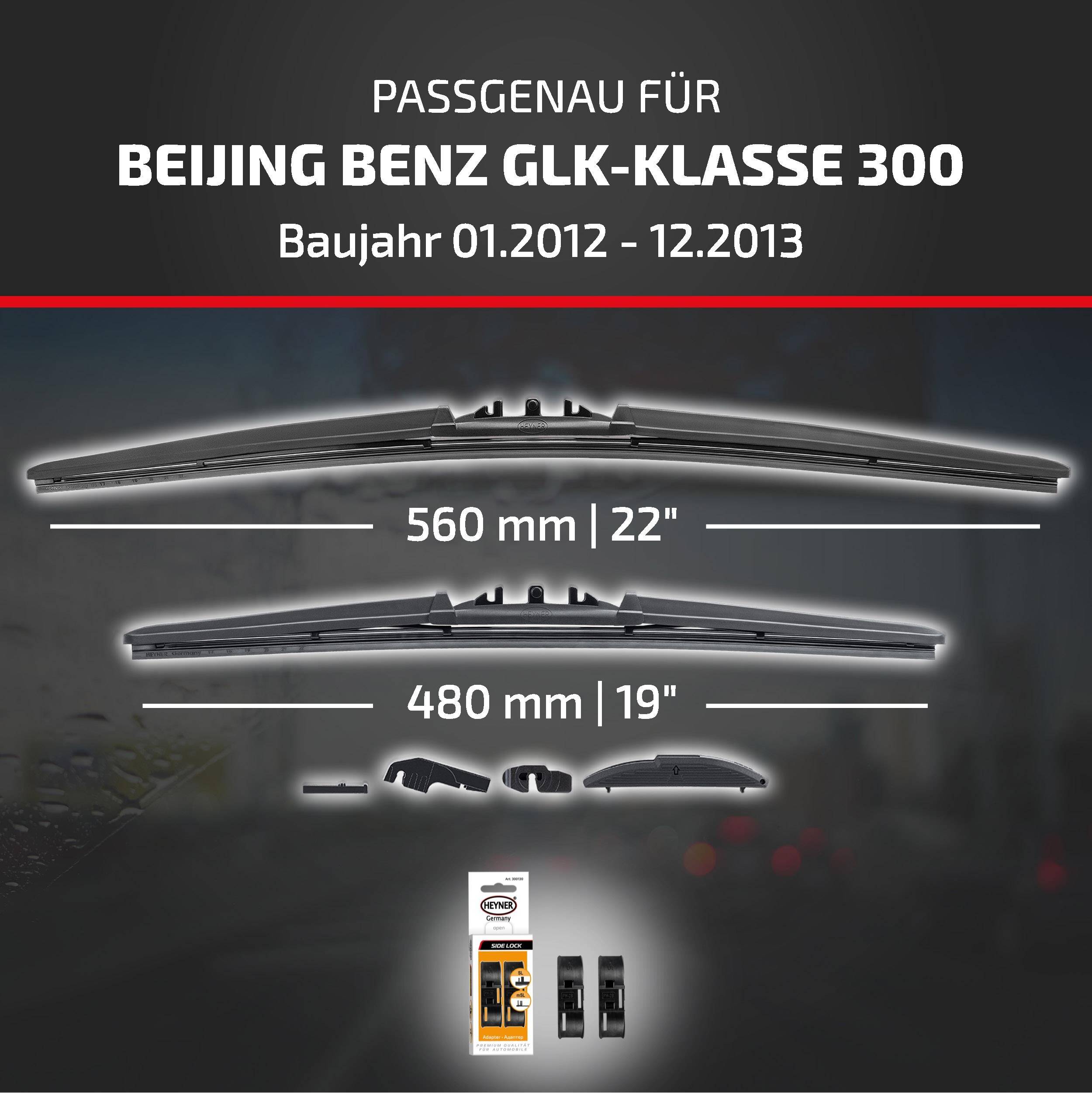 Kompatibilitätstabelle für Beijing Benz GLK-Klasse 300, Modelljahre 01.2012-12.2013, mit Scheibenwischerblatt-Größen 560 mm und 480 mm mit enthaltenen Adapterstücken.