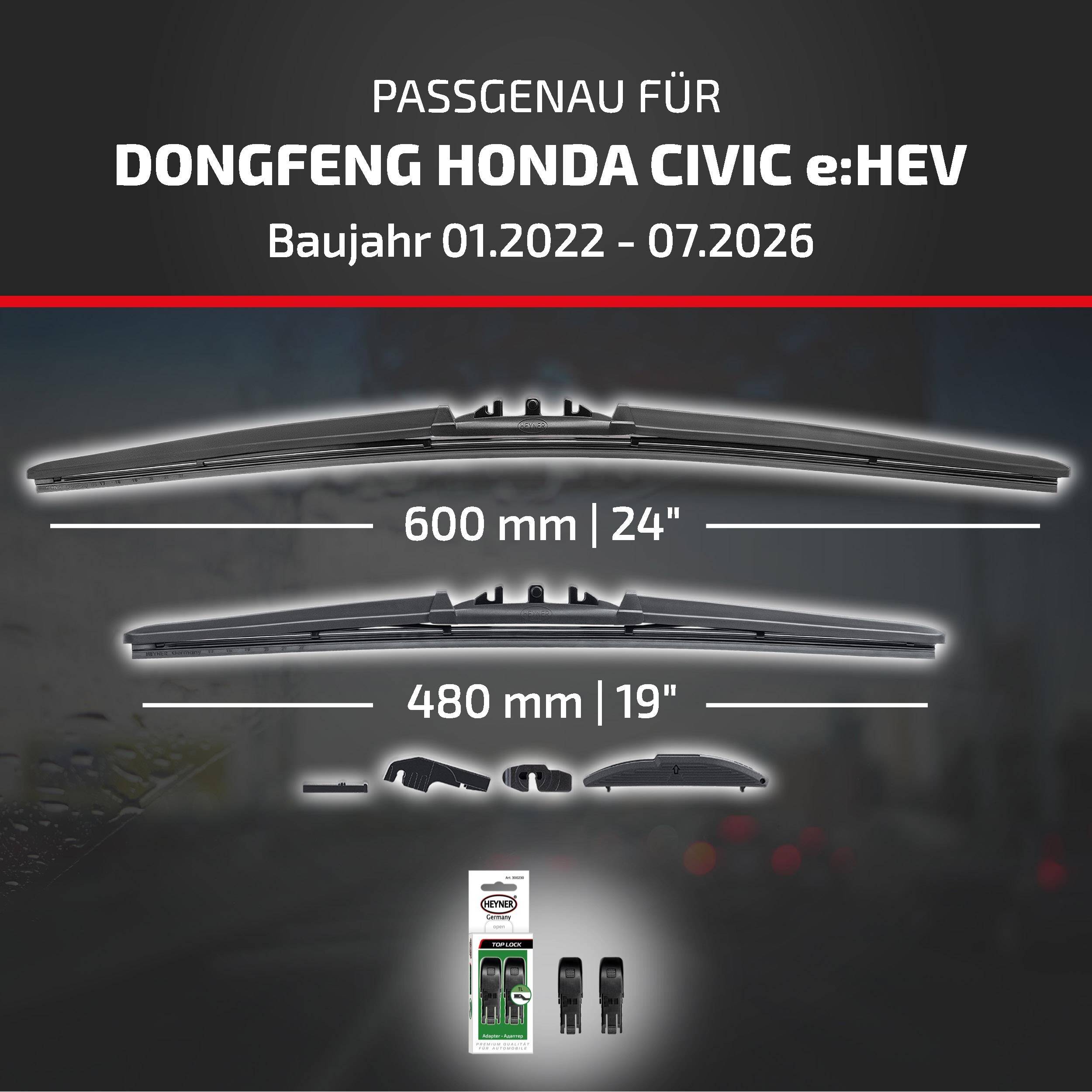 HEYNER® Scheibenwischer für DONGFENG HONDA CIVIC e:HEV 01.2022 - 08.2026, HYBRID Flachbalkenwischer,