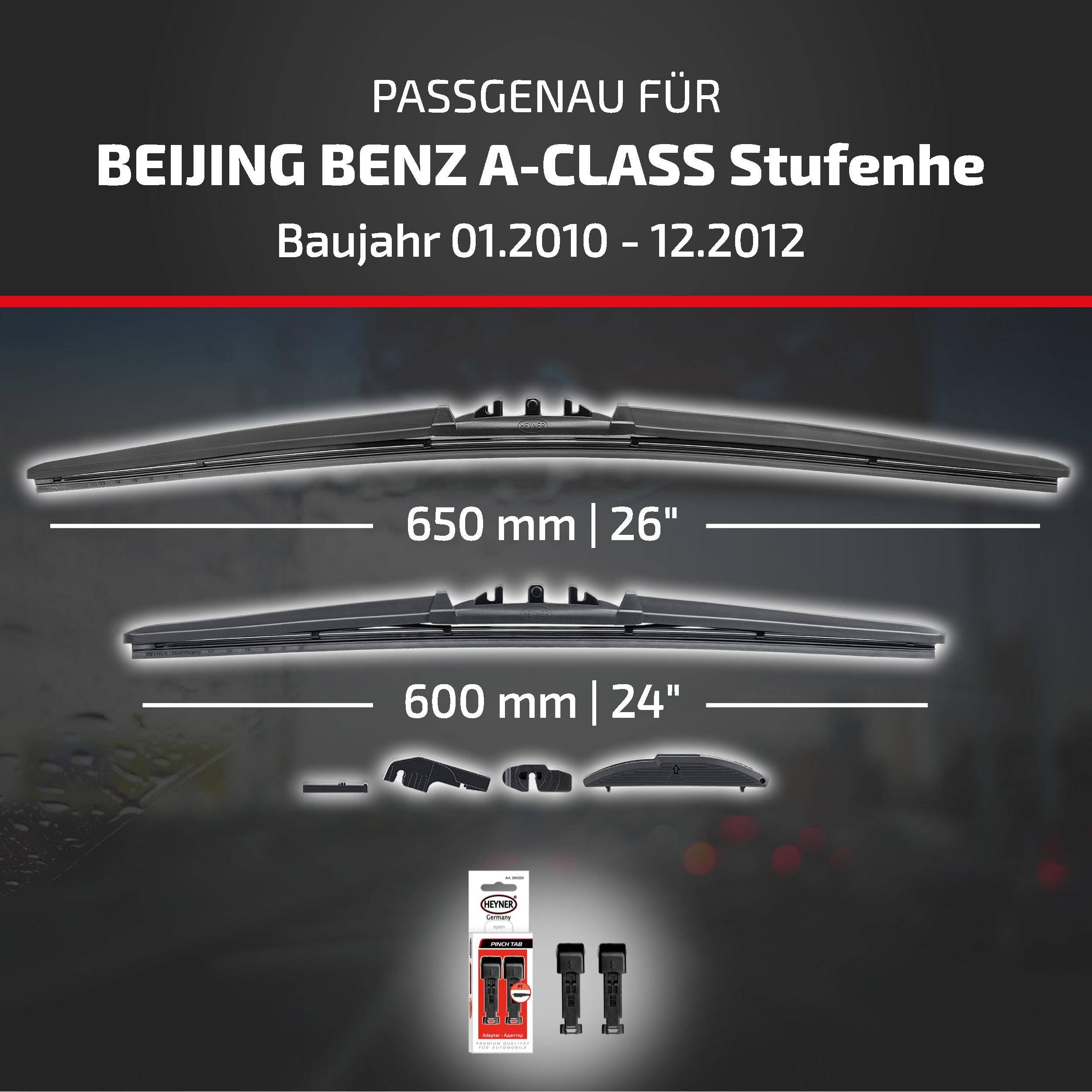 Kompatibilitätsgrafik für Beijing Benz A-Klasse Schrägheck, Modelljahre 01/2010-12/2012, zeigt Scheibenwischergröße 650 mm und 600 mm mit Adapterbauteilen.