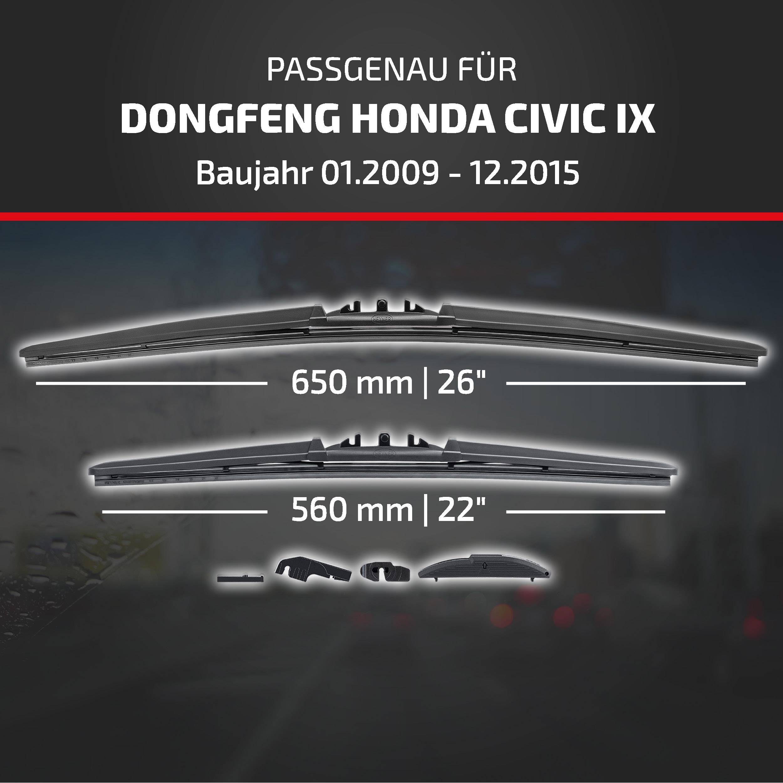 Produktgrafik für Wischblätter kompatibel mit Dongfeng Honda Civic IX, Modelljahre 01.2009-12.2015; Größen 650 mm und 560 mm.