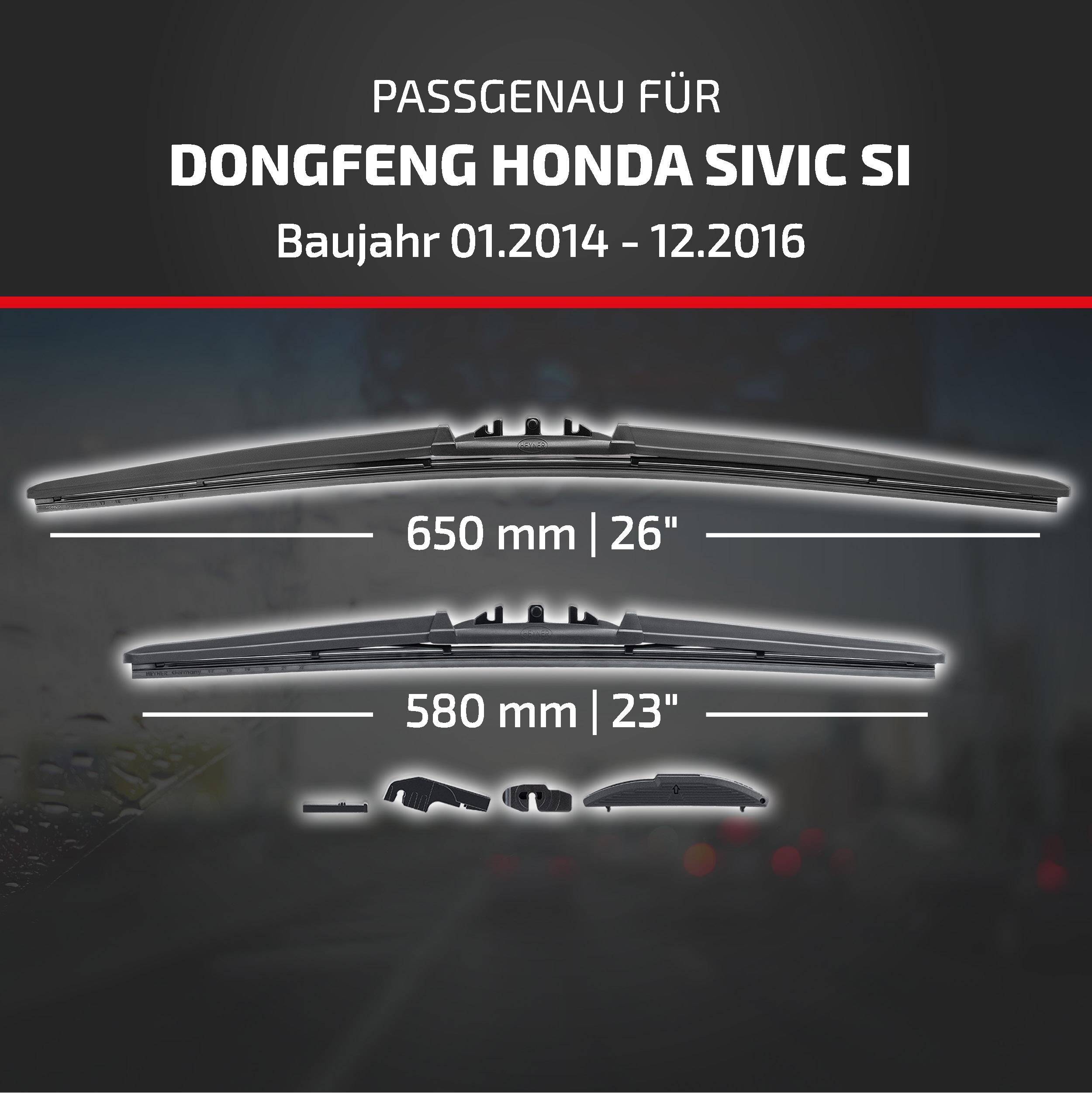 Grafik zeigt Scheibenwischer, die mit Dongfeng Honda Civic Si, Modelljahre 01.2014-12.2016, Größen 650 mm (26