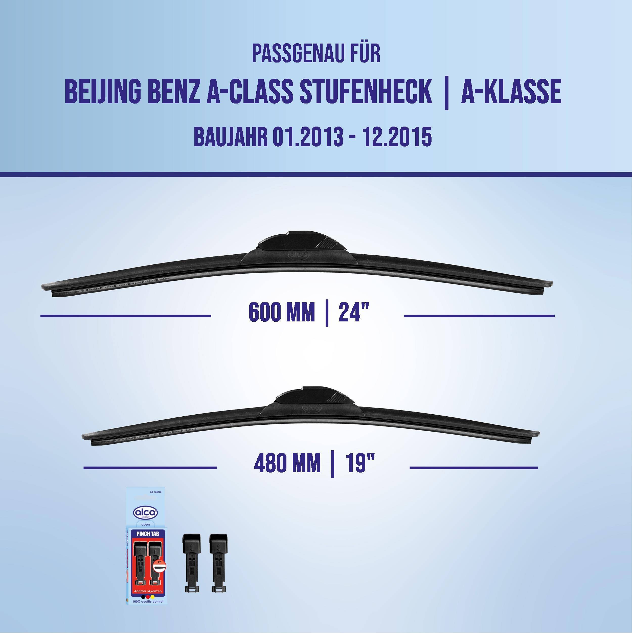 Grafik zeigt Wischerblätter, die mit Beijing Benz A-Klasse Limousine/A-Klasse, Modelljahre 01.2013–12.2015, Größen 600 mm (24